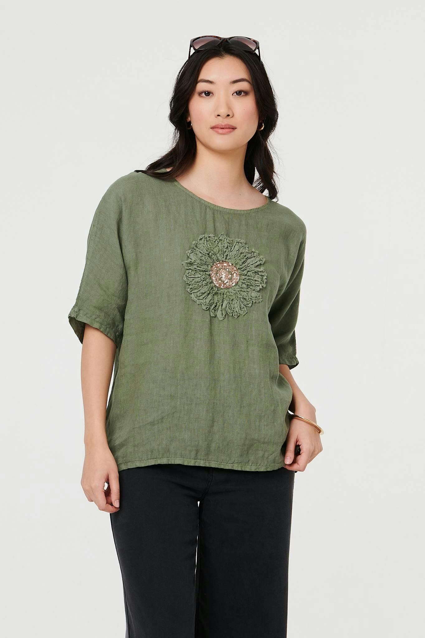Izabel London Sequin Textured Detail Relaxed Top - 12 - Khaki