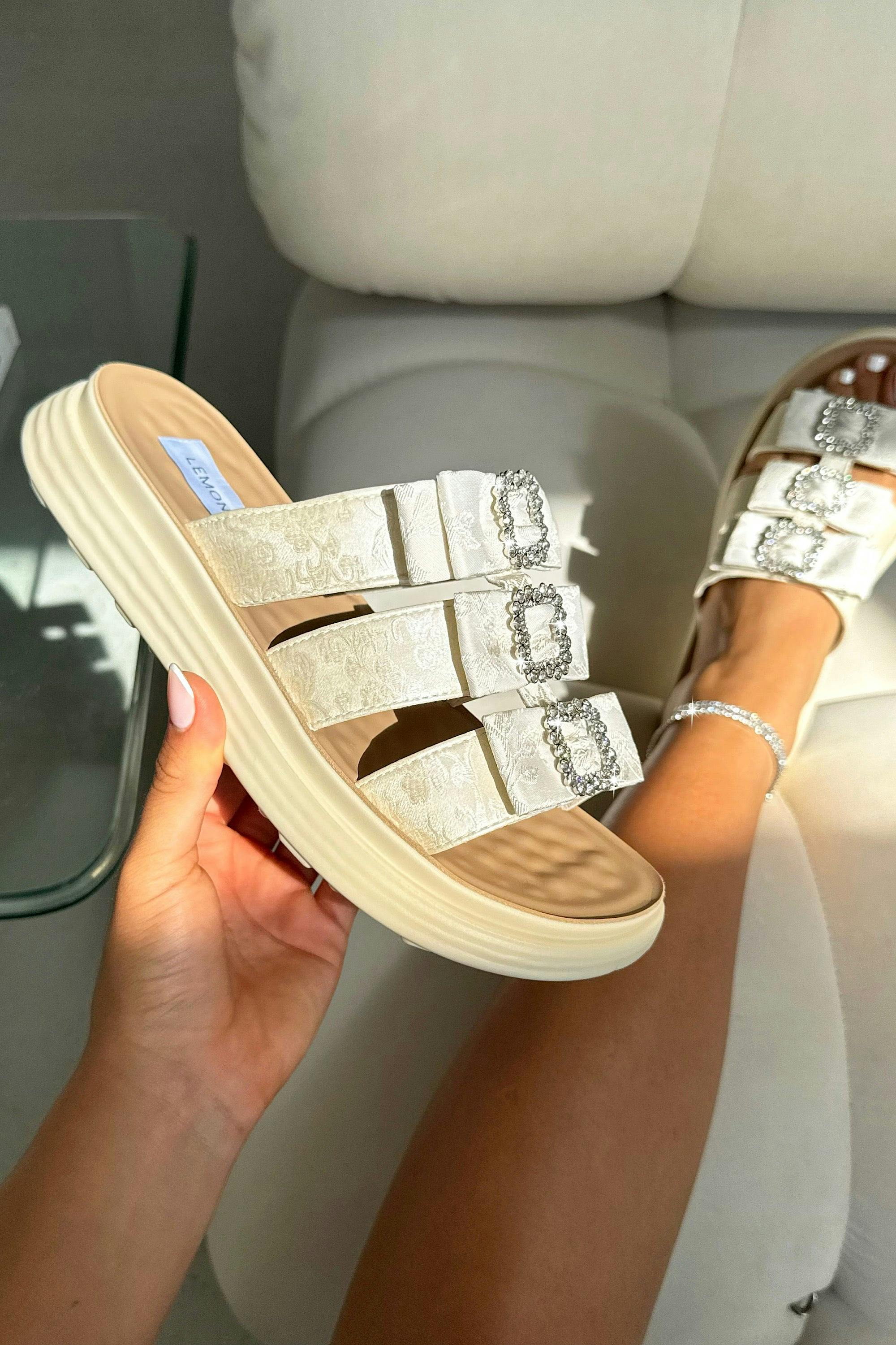 Love Lemonade Women's Beige Crystal Buckle Triple Bow Sliders - Uk 3
