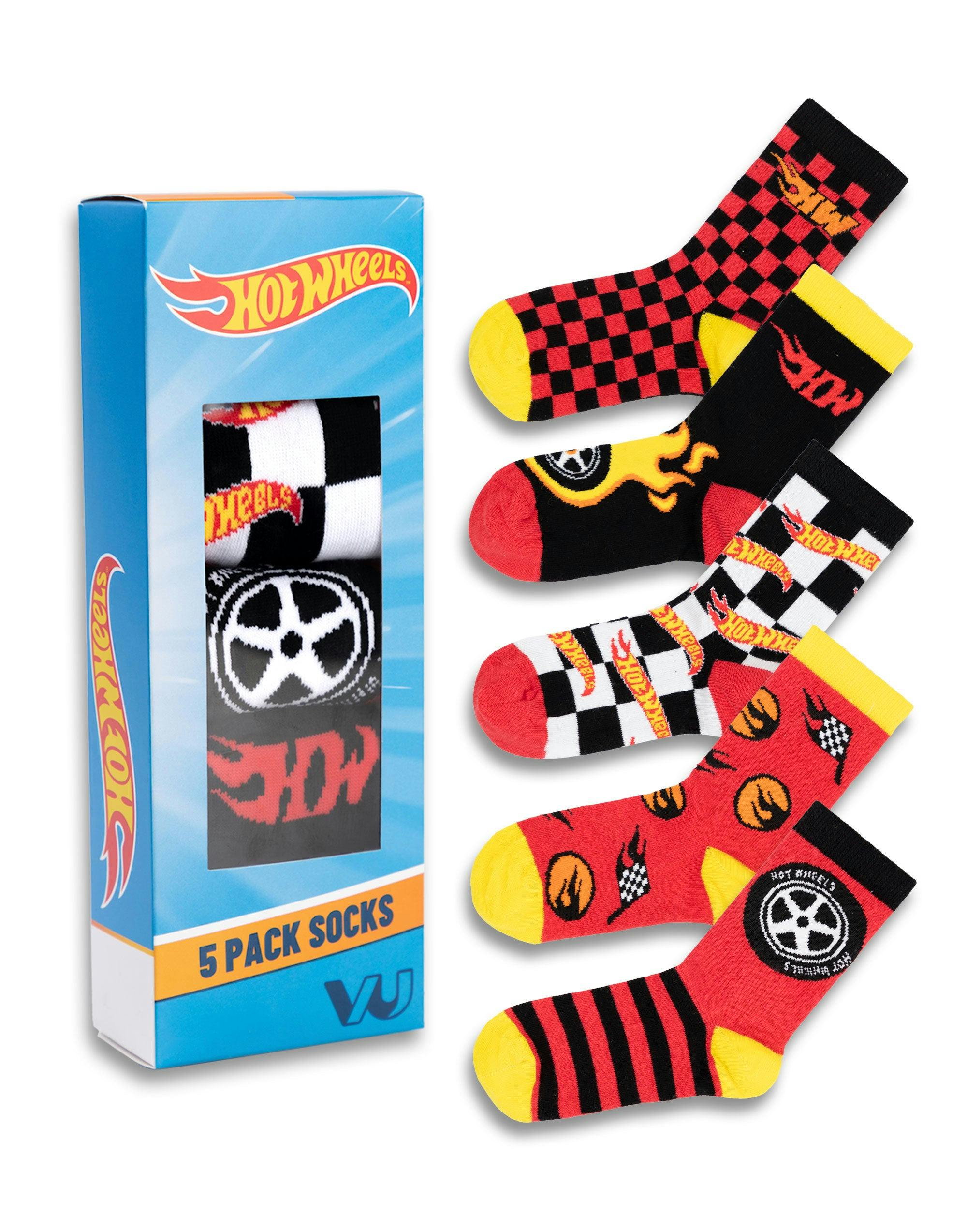 Vanilla Underground Boys Red/Black/Yellow Hot Wheels Multicolou Checkerboard And Flames Calf Socks Set Of 5 - 6-8.5 Uk Child