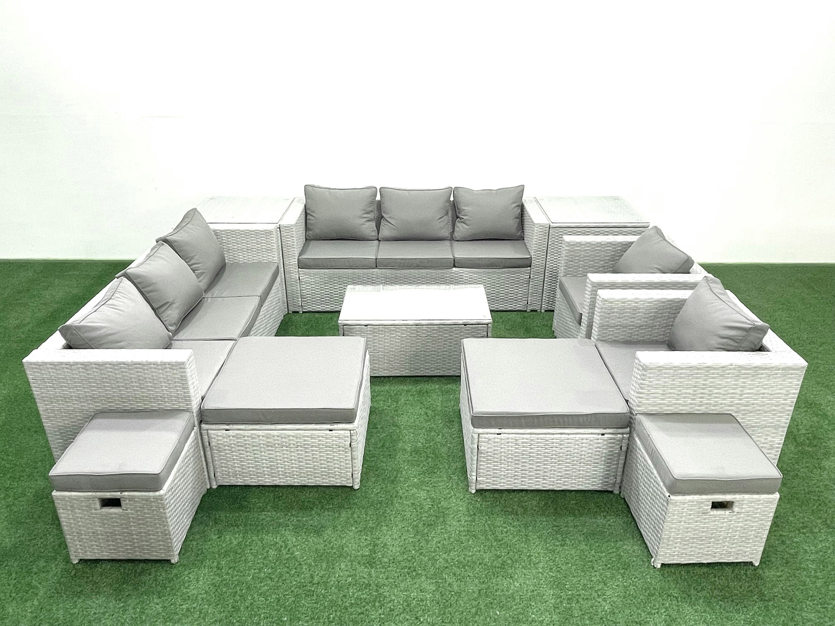 Fimous Light/Grey 11 Pieces Rattan Garden Furniture Set Outdoor Garden Sofa Chair Coffee Table Set With 4 Footstools 2 Side Tables Mixed