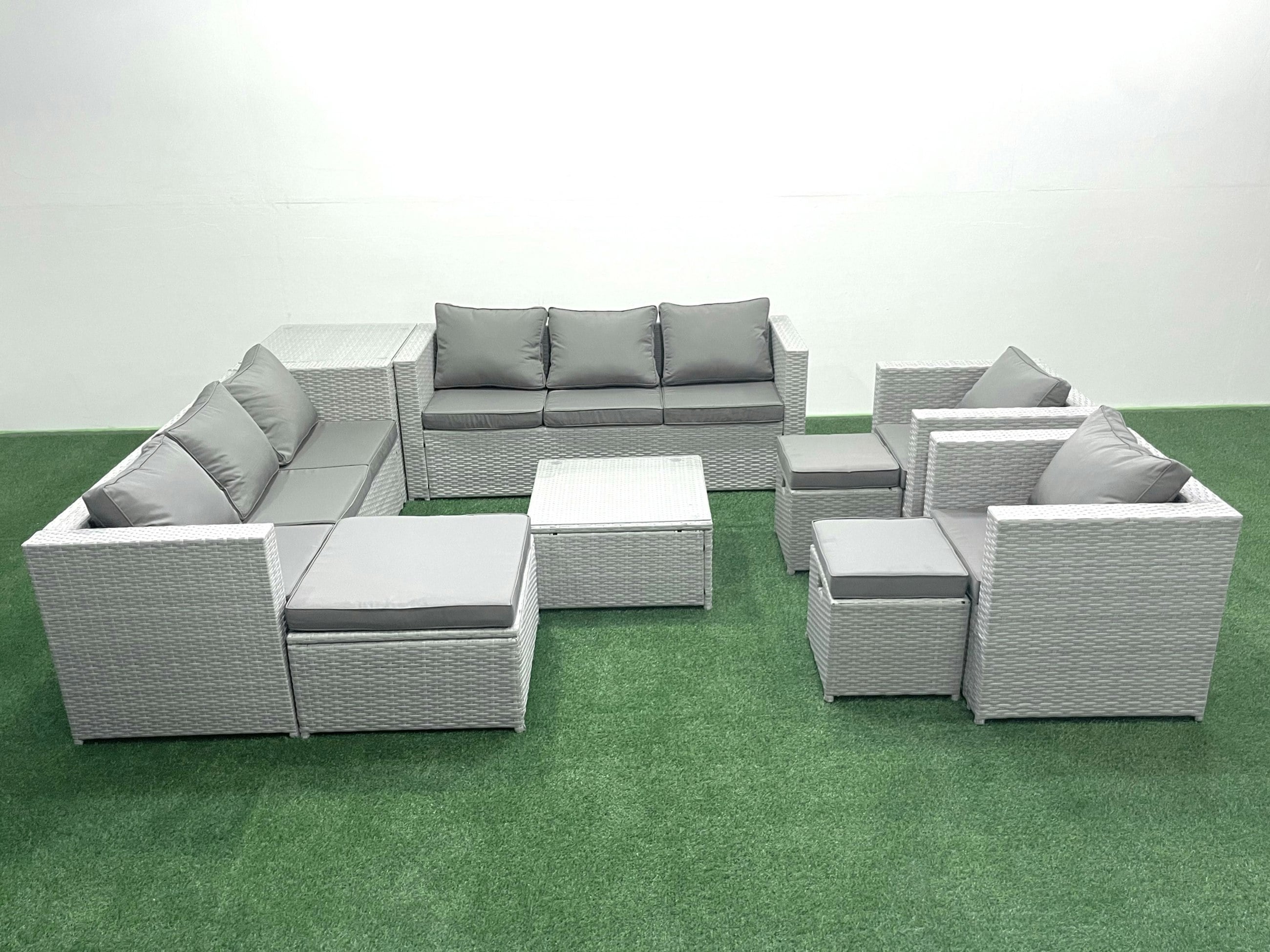 Fimous Light/Grey Outdoor Rattan Sofa Garden Furniture Set With 2 Armchairs Square Coffee Table 3 Footstools Side Table Mixed
