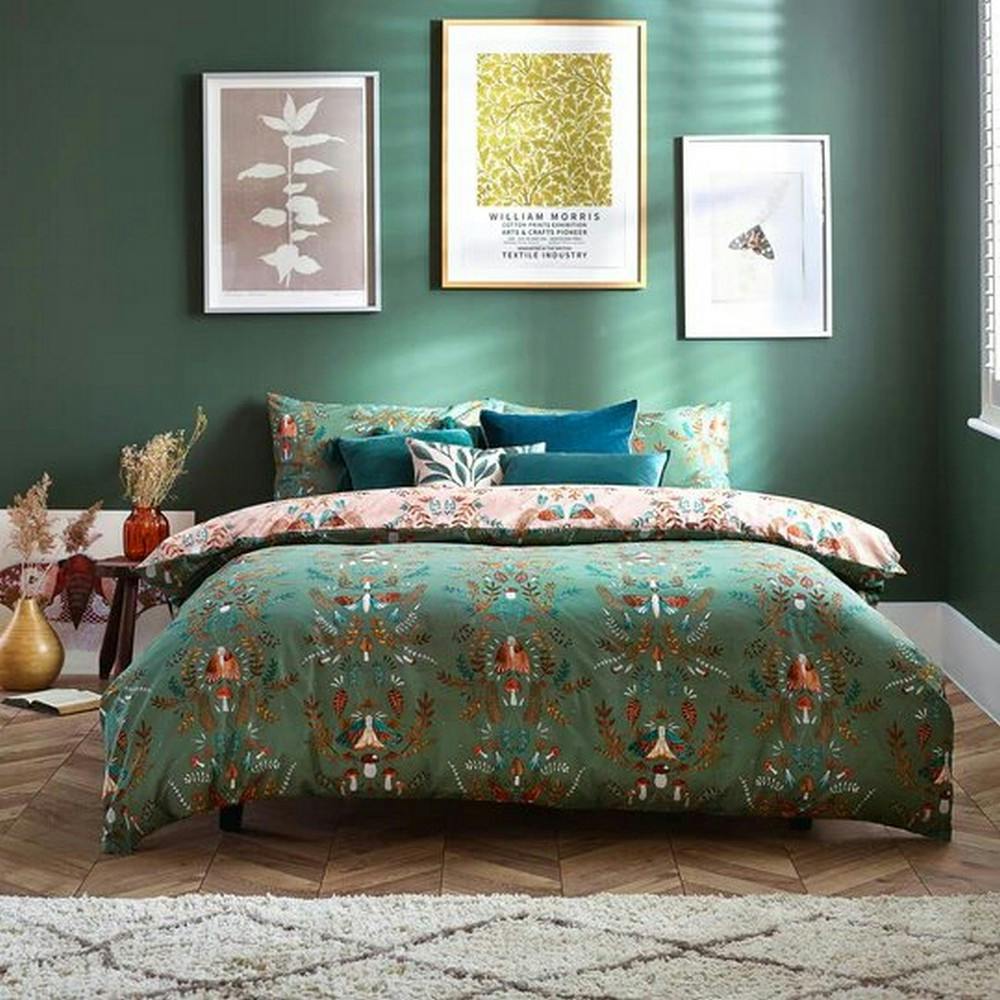 Furn Green Luna Wood Duvet Cover Set - Fern - King - Fern - 50% Cotton/50% Polyester