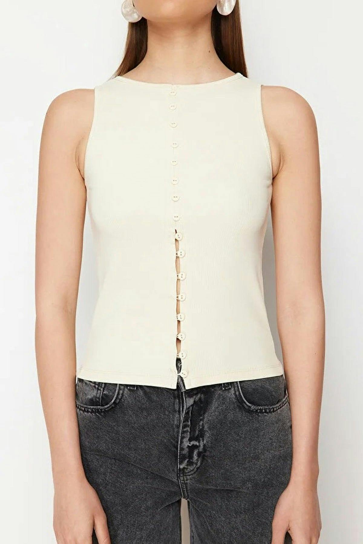 Wovcor Buttoned Fitted Ribbed Stretch Knit Blouse - Stone - Xs