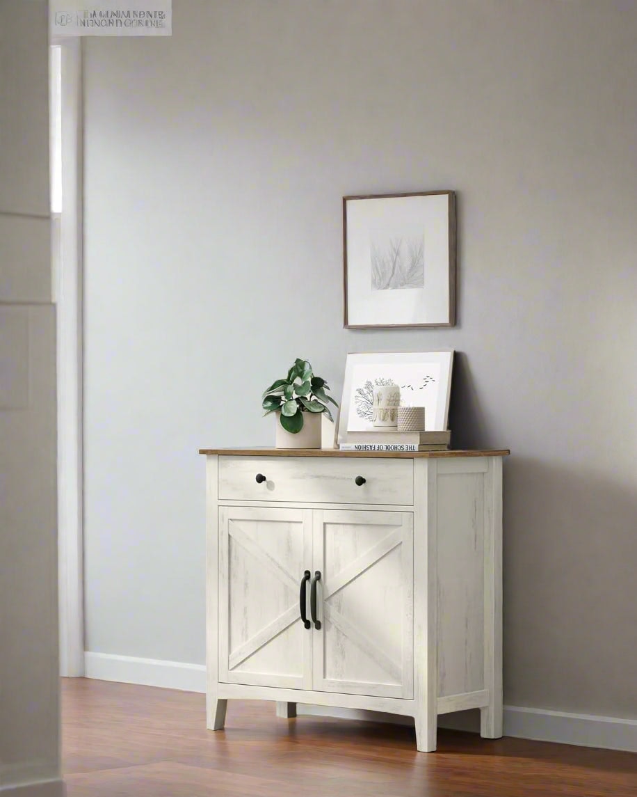 Modcraft White/Brown Farmhouse Sideboard Cabinet, Rustic And Honey 80 X 40 X 80 Cm, Storage Unit With Drawer,