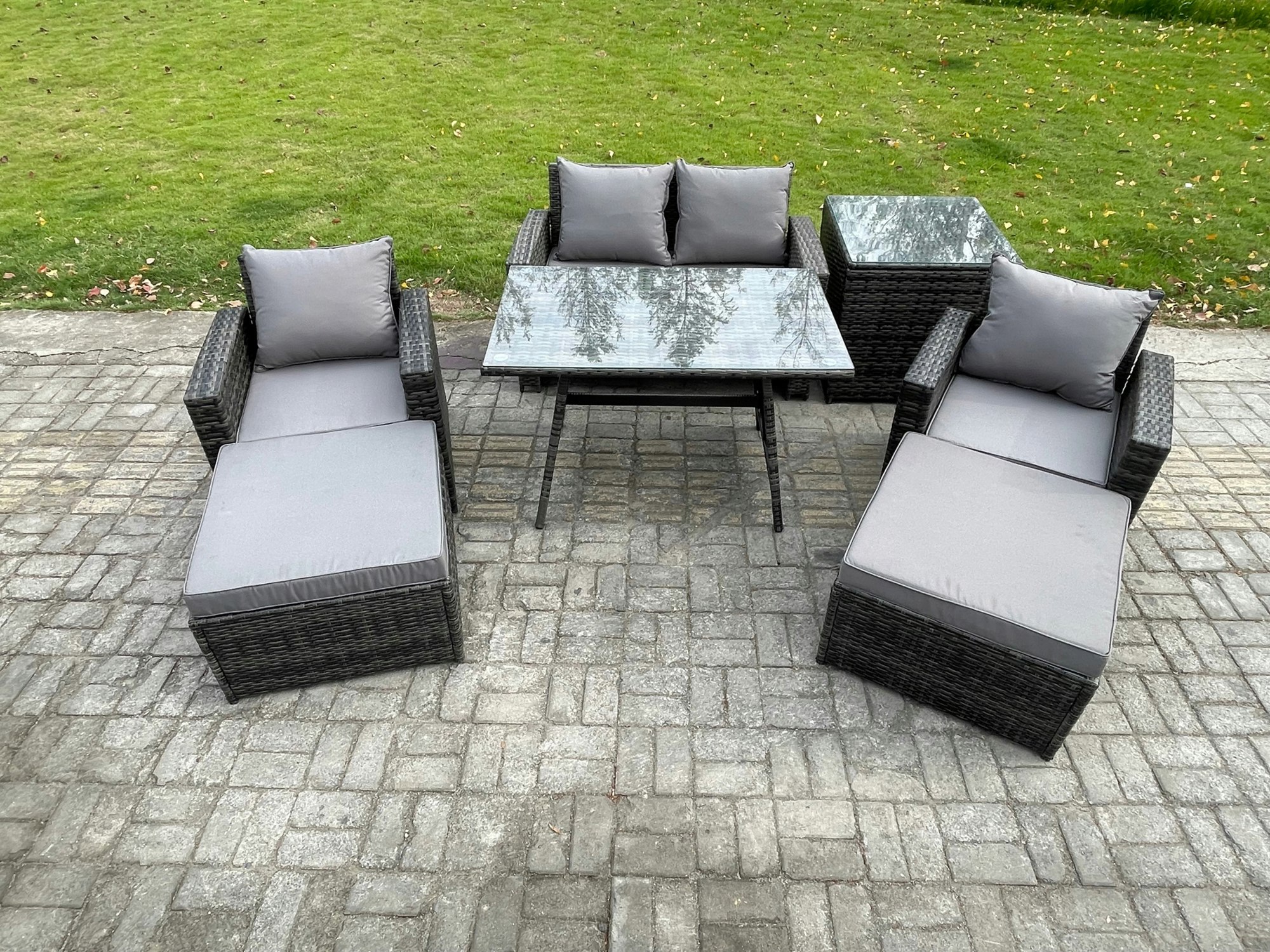 Rackhams Rattan Wicker Garden Furniture Patio Conservatory Sofa Set With Rectangular Dining Table Armchair 2 Seater Sofa 2 Big Footstool Side Table