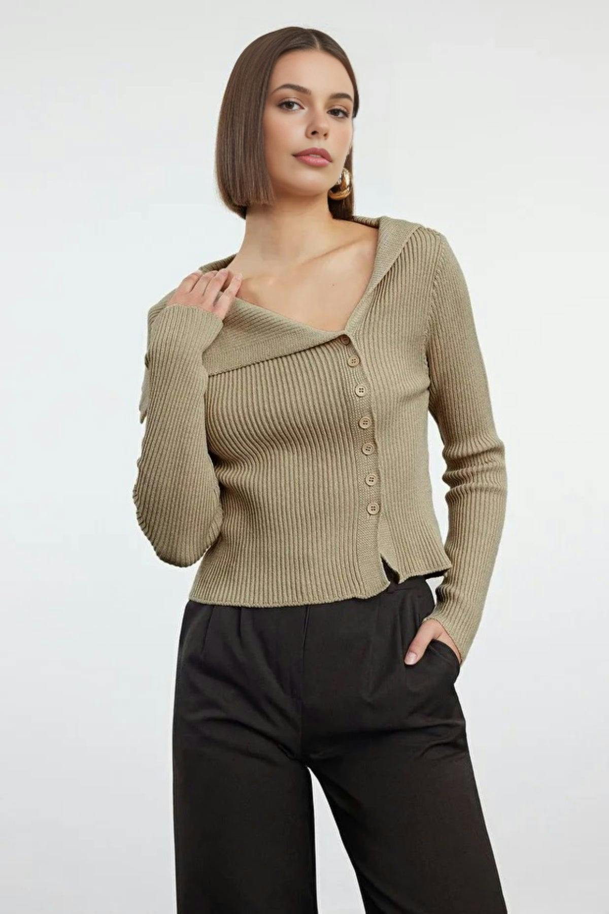 Wovcor Beige Mercerized Look Premium Yarn Fitted Knit Cardigan - M