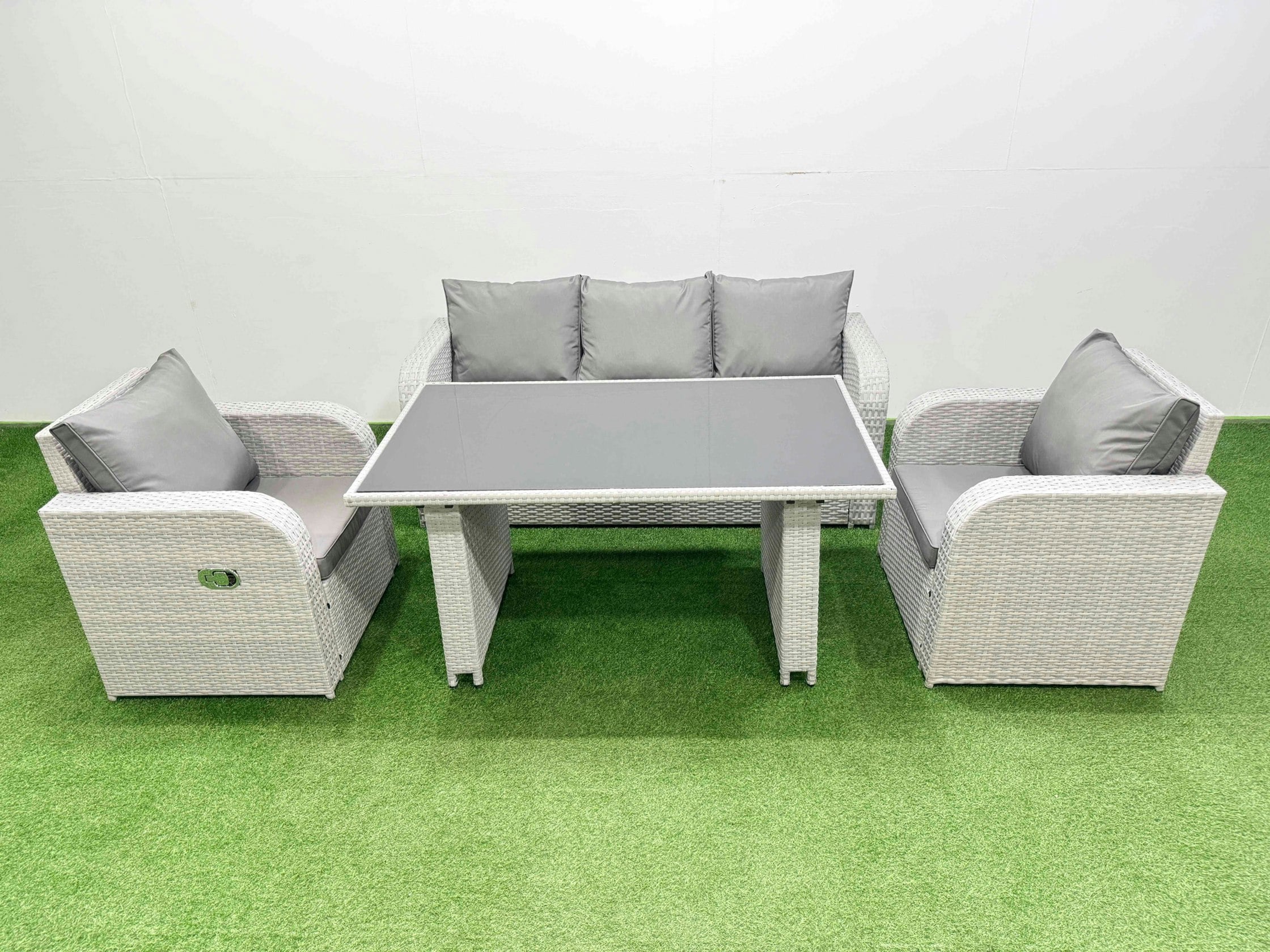 Fimous Outdoor Rattan Garden Furniture Dining Set 5 Seater Patio Rectangular Table 3 Seater Sofa Reclining Chair Set