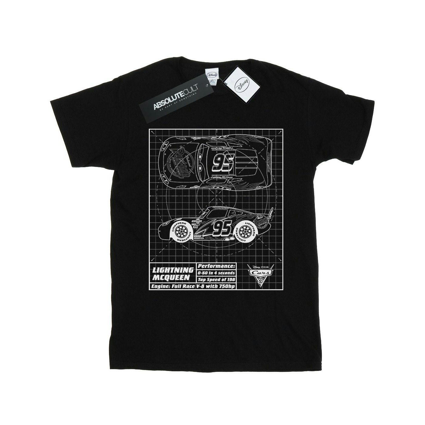 Disney Women's Black / Cars Lightning Mcqueen Blueprint Cotton Boyfriend T-Shirt - Extra Large