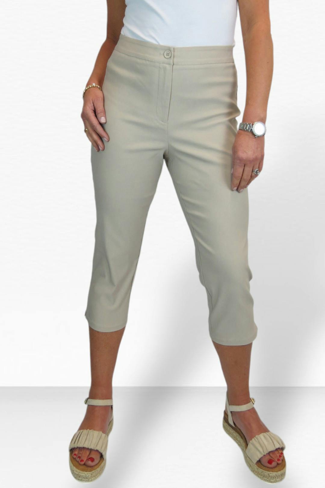 Paulo Due Women's Beige Slim Fit Stretch Cropped Trousers - 18