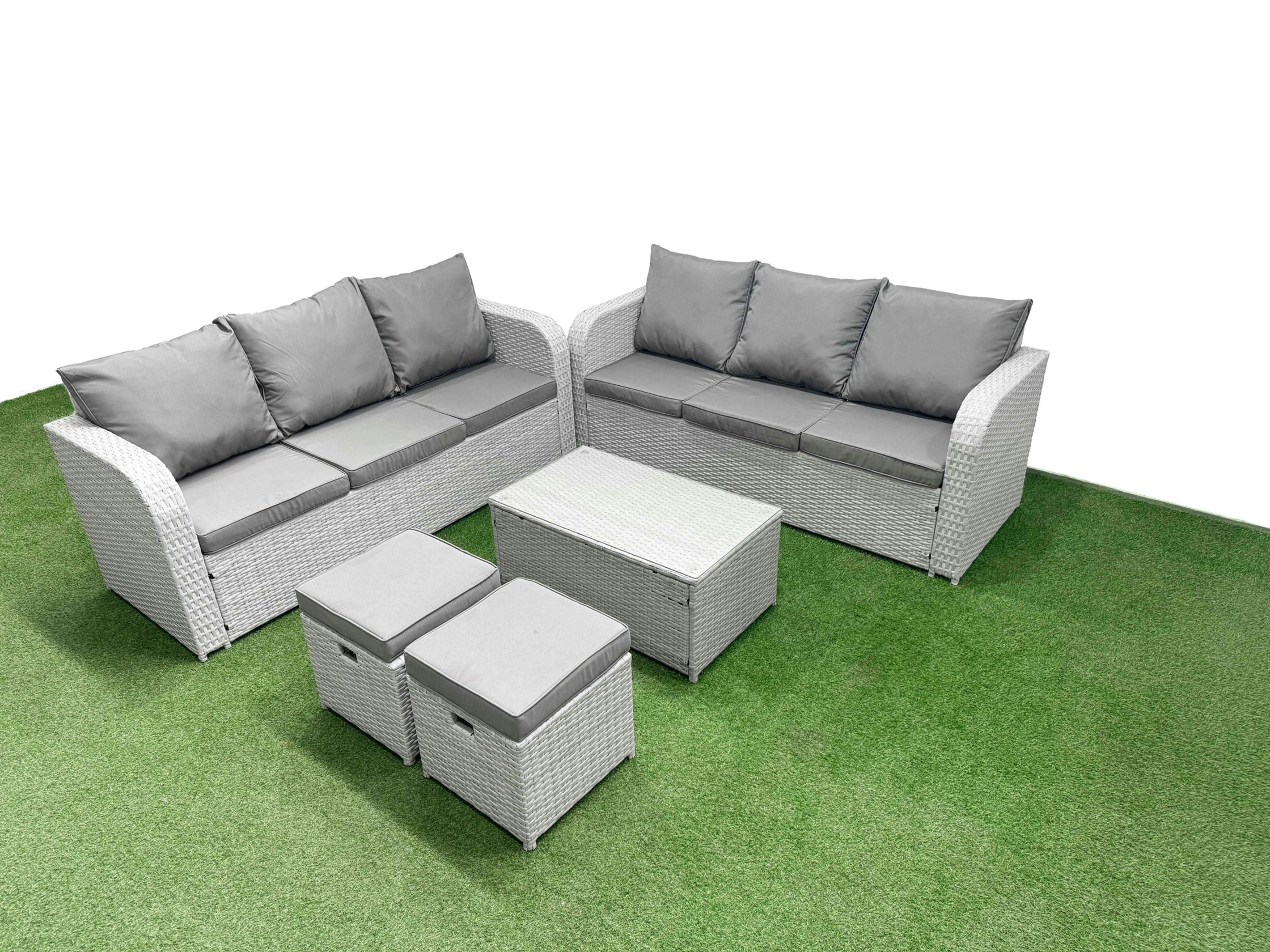 Fimous Light/Grey Outdoor Garden Furniture Sets 8 Seater Wicker Rattan Furniture Sofa Sets With Rectangular Coffee Table High Back Lounge Sofa Stools
