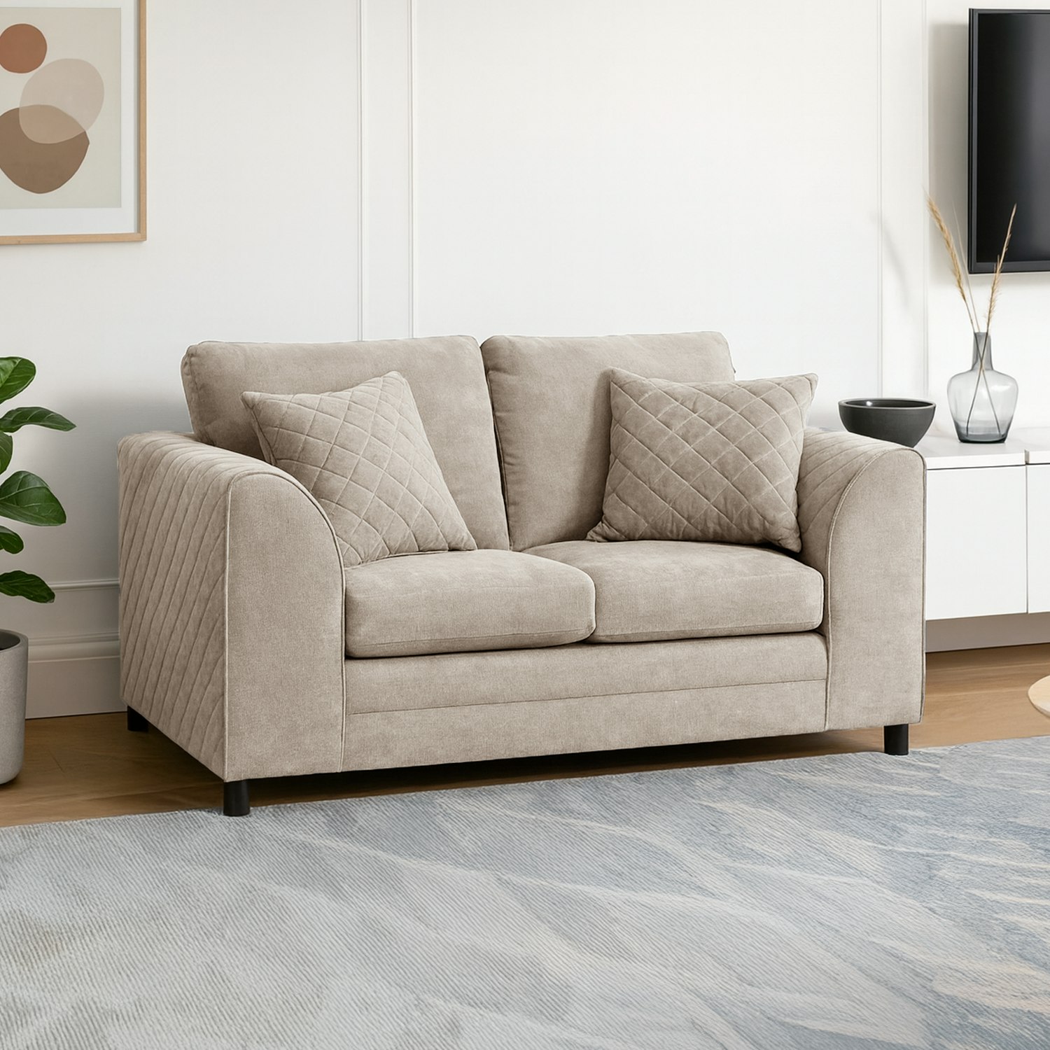Furnishings For Less Beige Quilted Full Chenille Fabric 2 Seater Sofa