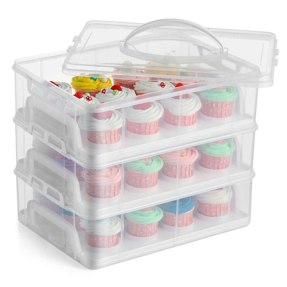 Rackhams 3 Tier Stackable Cupcake Carrier Box Muffin Cake Holder Plastic Clear Container - Cupcake Carrier