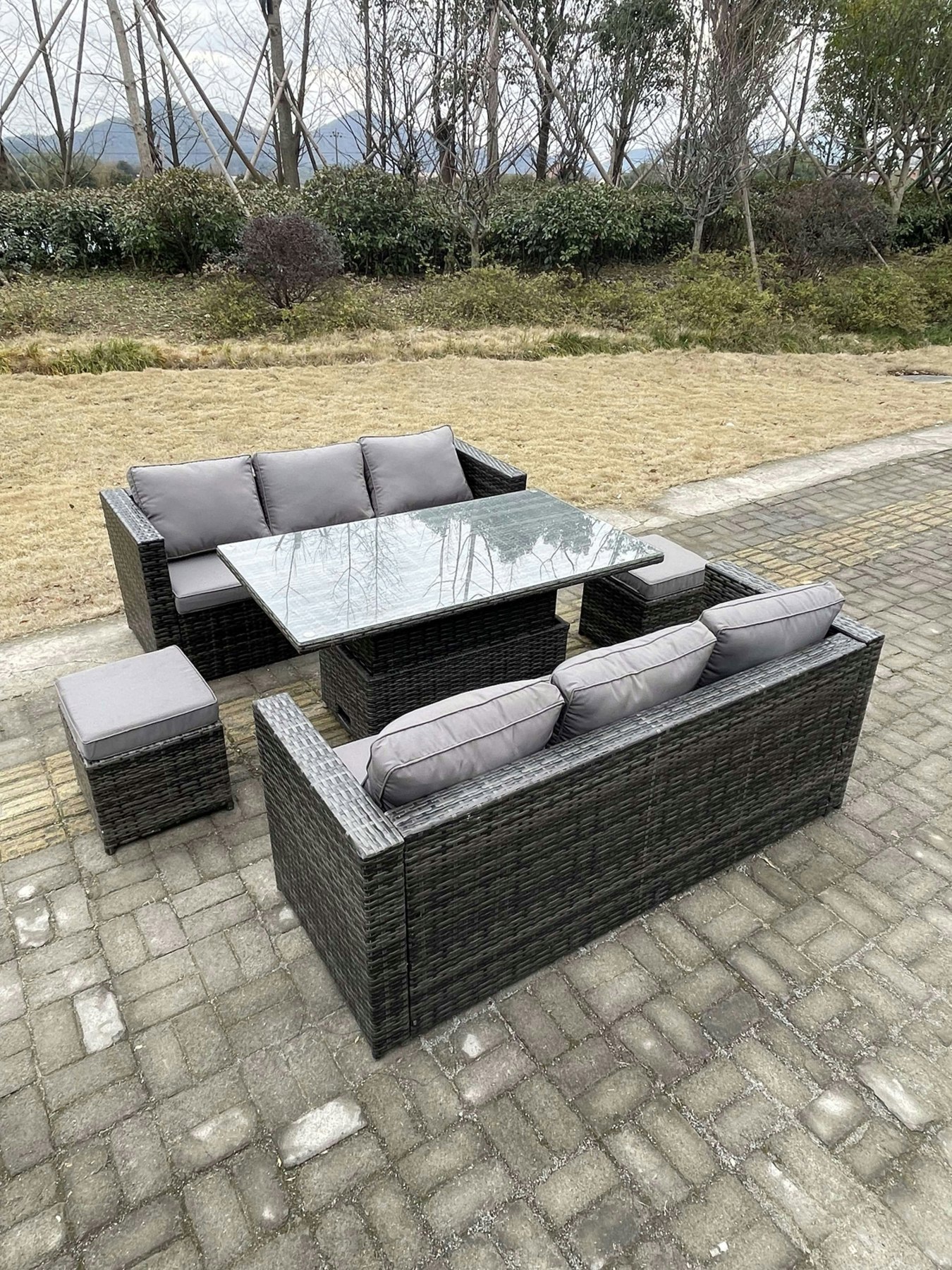 Fimous Dark/Grey 8 Seater?Outdoor Rattan Sofa Set Garden Furniture Adjustable Rising Lifting Dining Table Footstools Mixed