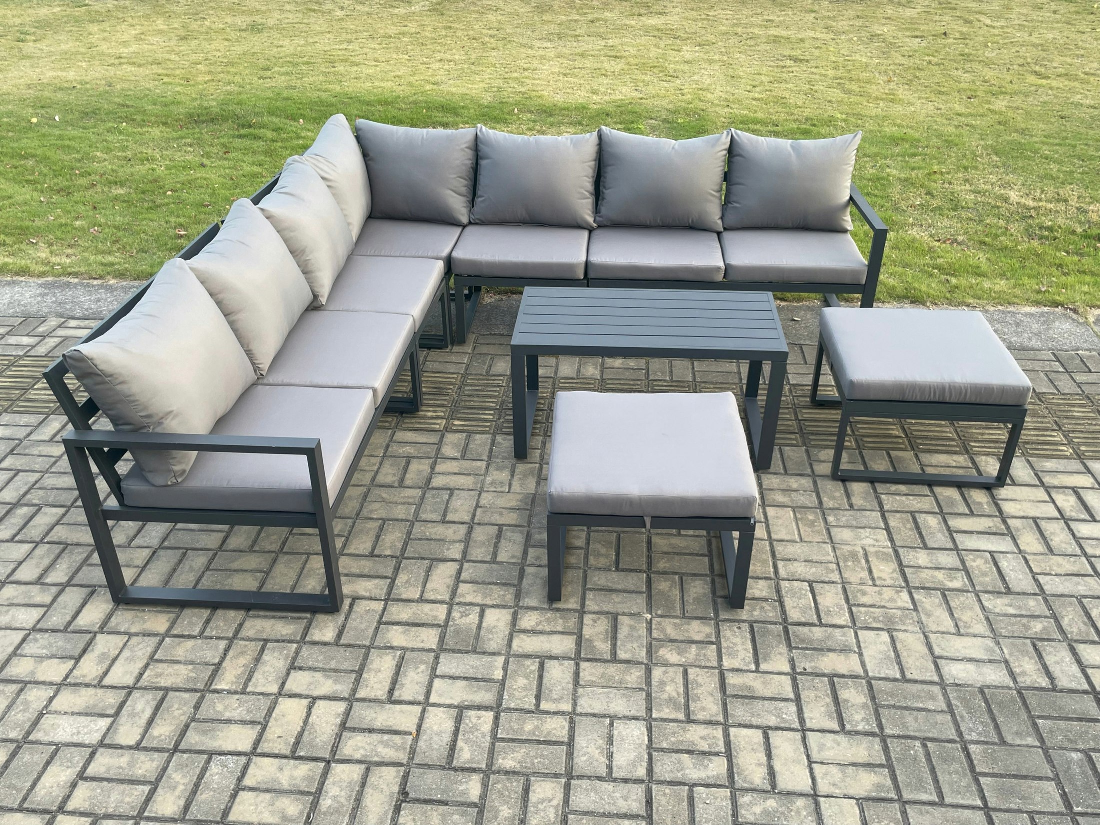 Rackhams Dark/Grey Aluminium Outdoor Garden Furniture Set Lounge Corner Sofa Oblong Coffee Table Sets With 2 Big Footstools
