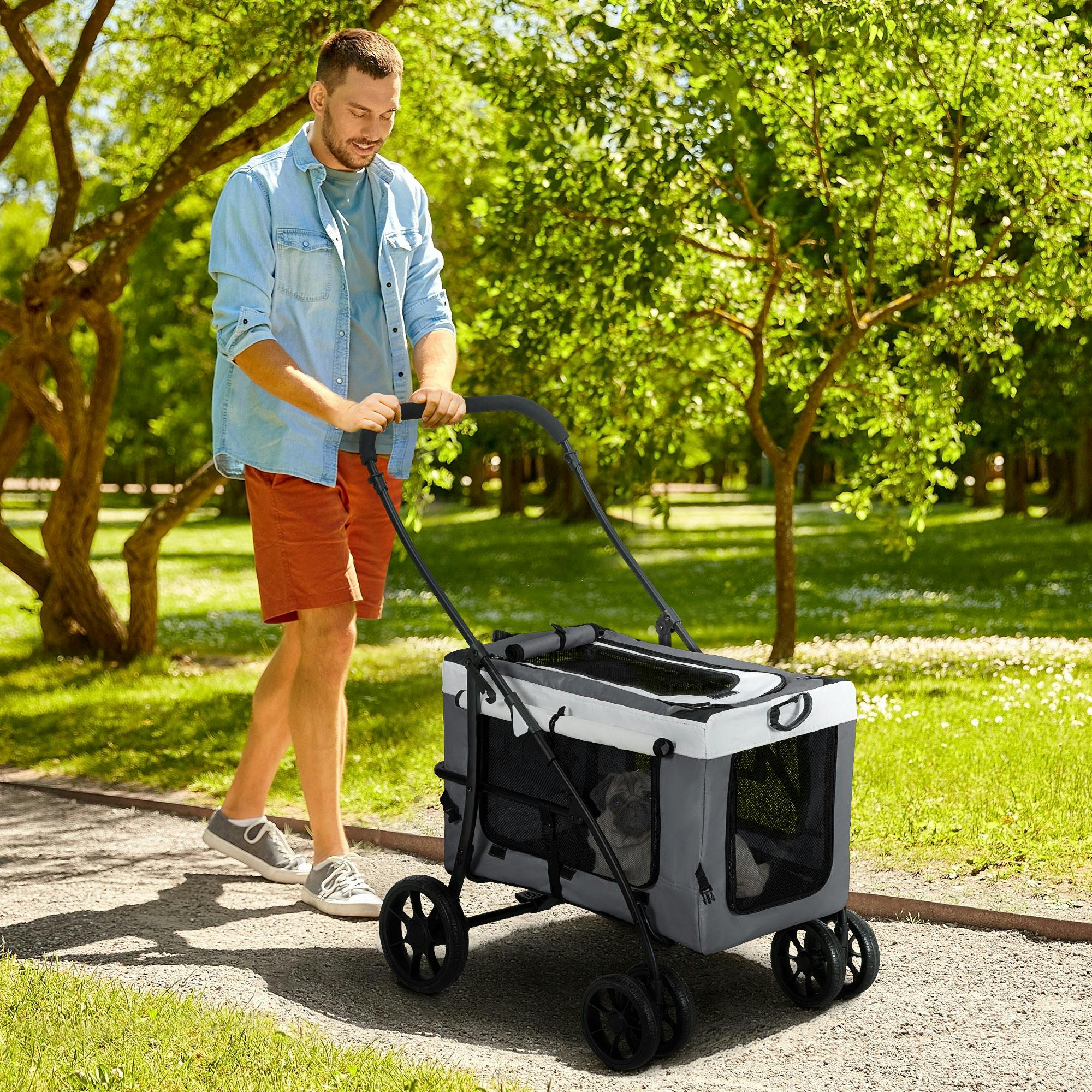 Pawhut Grey Foldable Pet Stroller W/ Detachable Carrier, Soft Padding