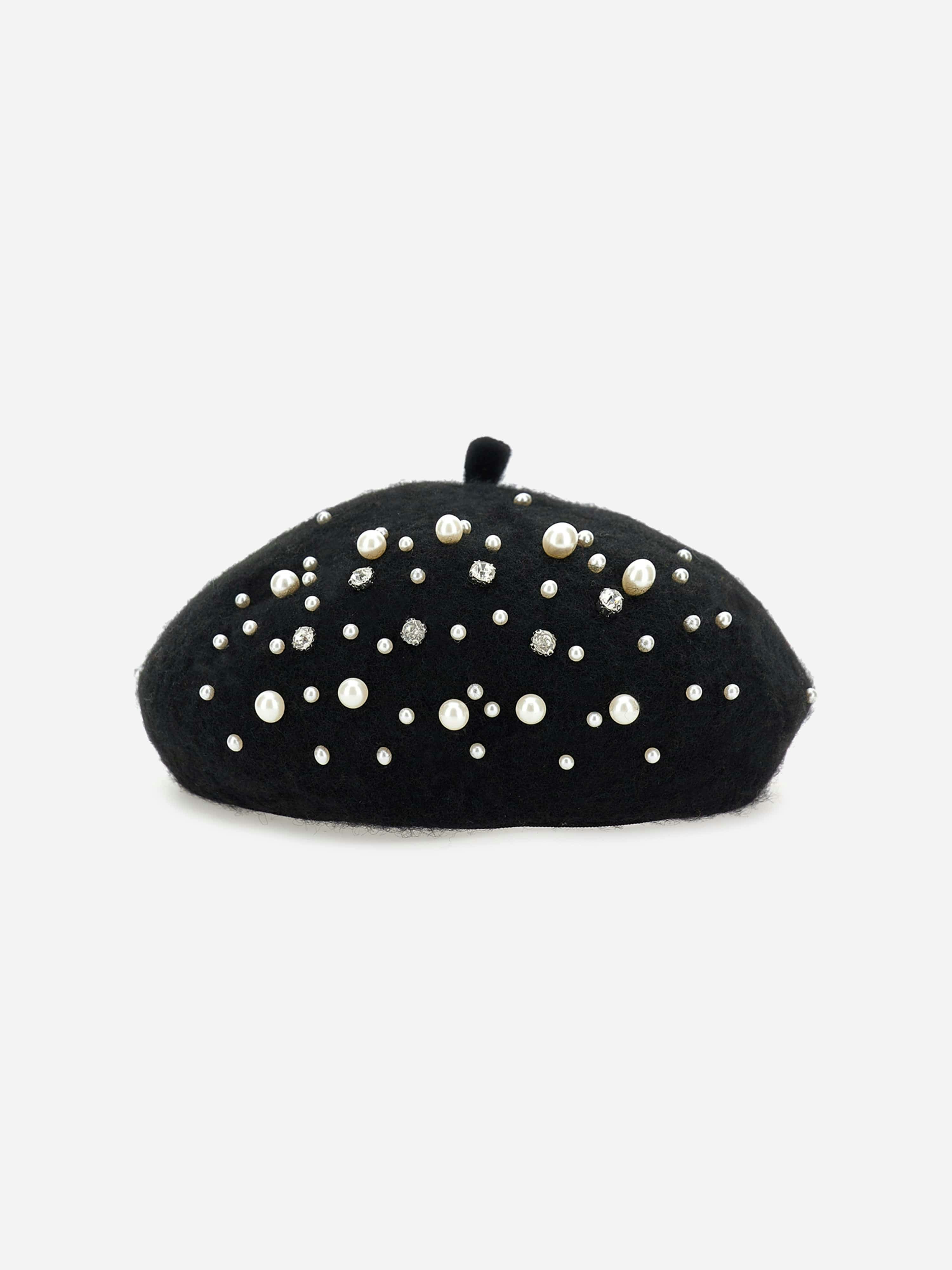 Monnalisa Girls Black Pearl Applique Beret In - 6 - 8 Yrs