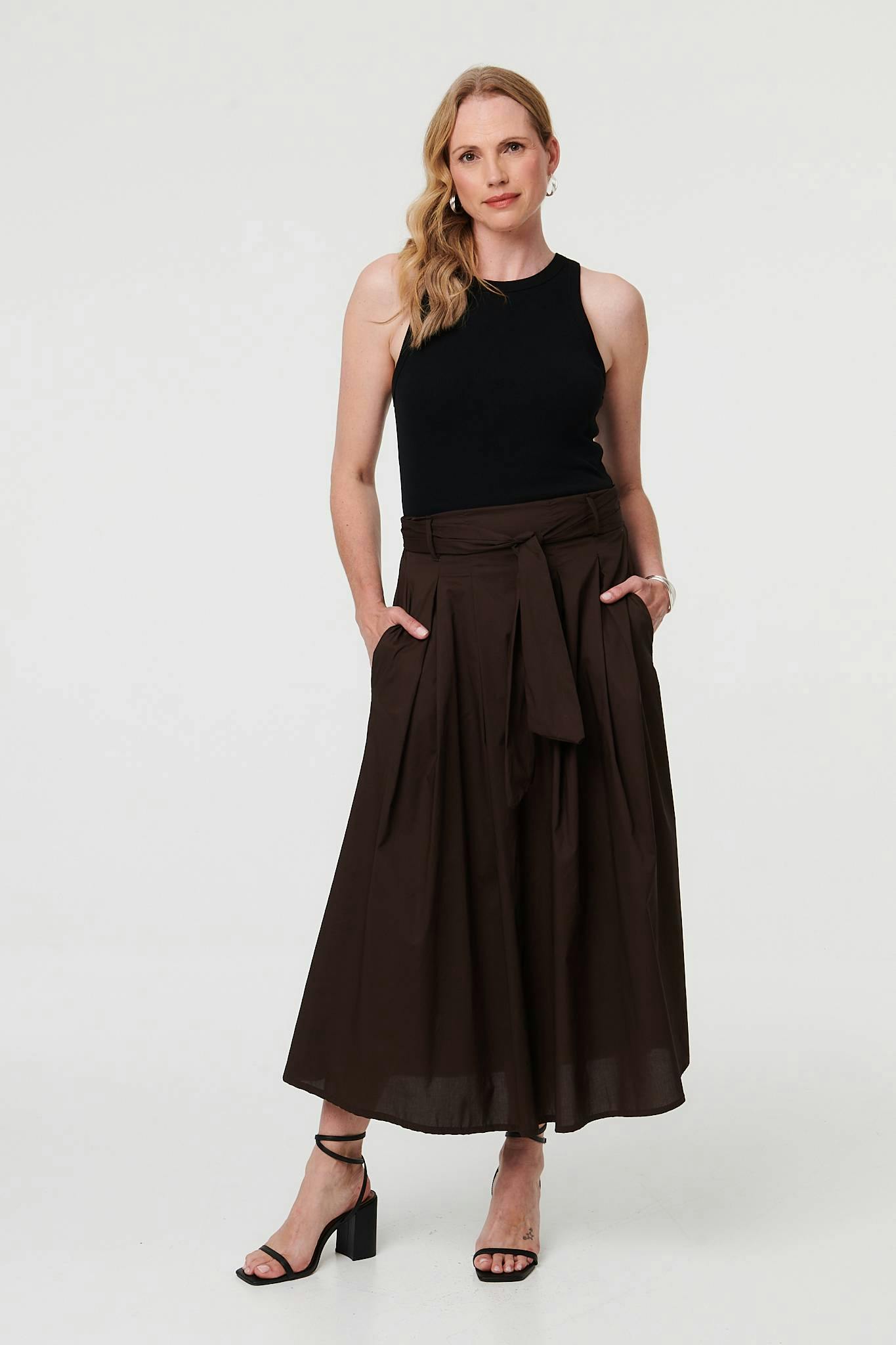 Izabel London Brown Tie High Waist Ruched Maxi Skirt - L
