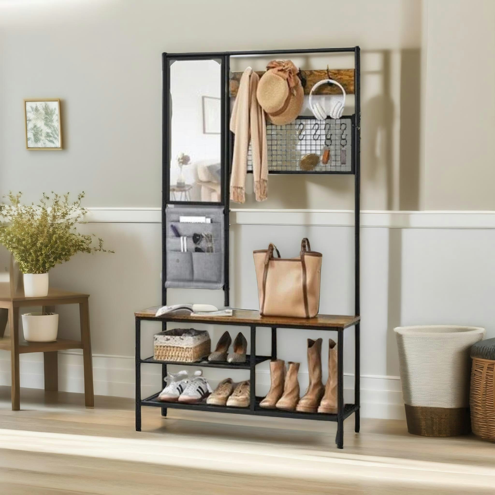Rafaelo Mobilia Brown Industrial Coat Rack Stand Hall Tree With Shoe Storage
