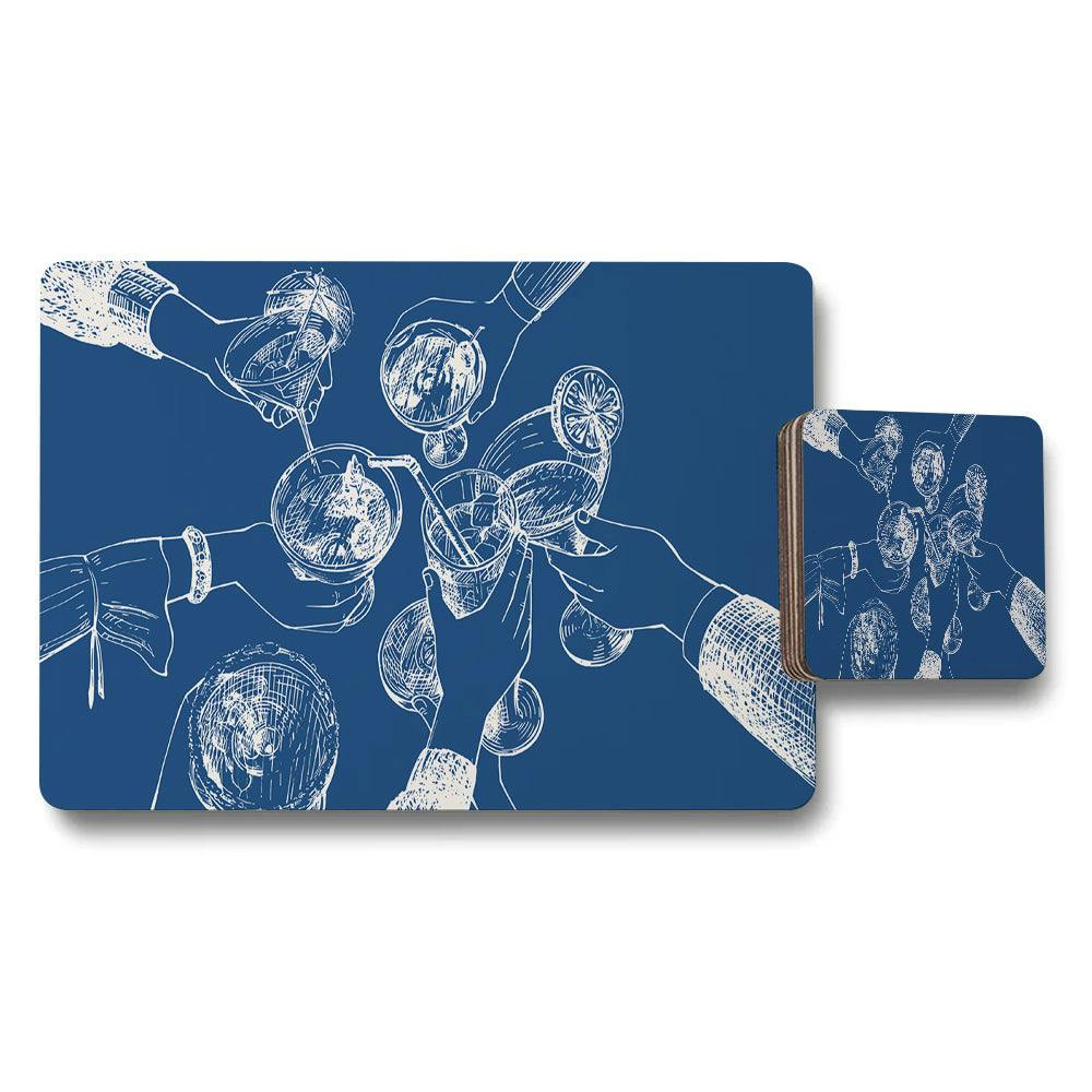 Benjamin Tate Design Blue Placemat And Coaster Set With Toasting Glasses Sketch