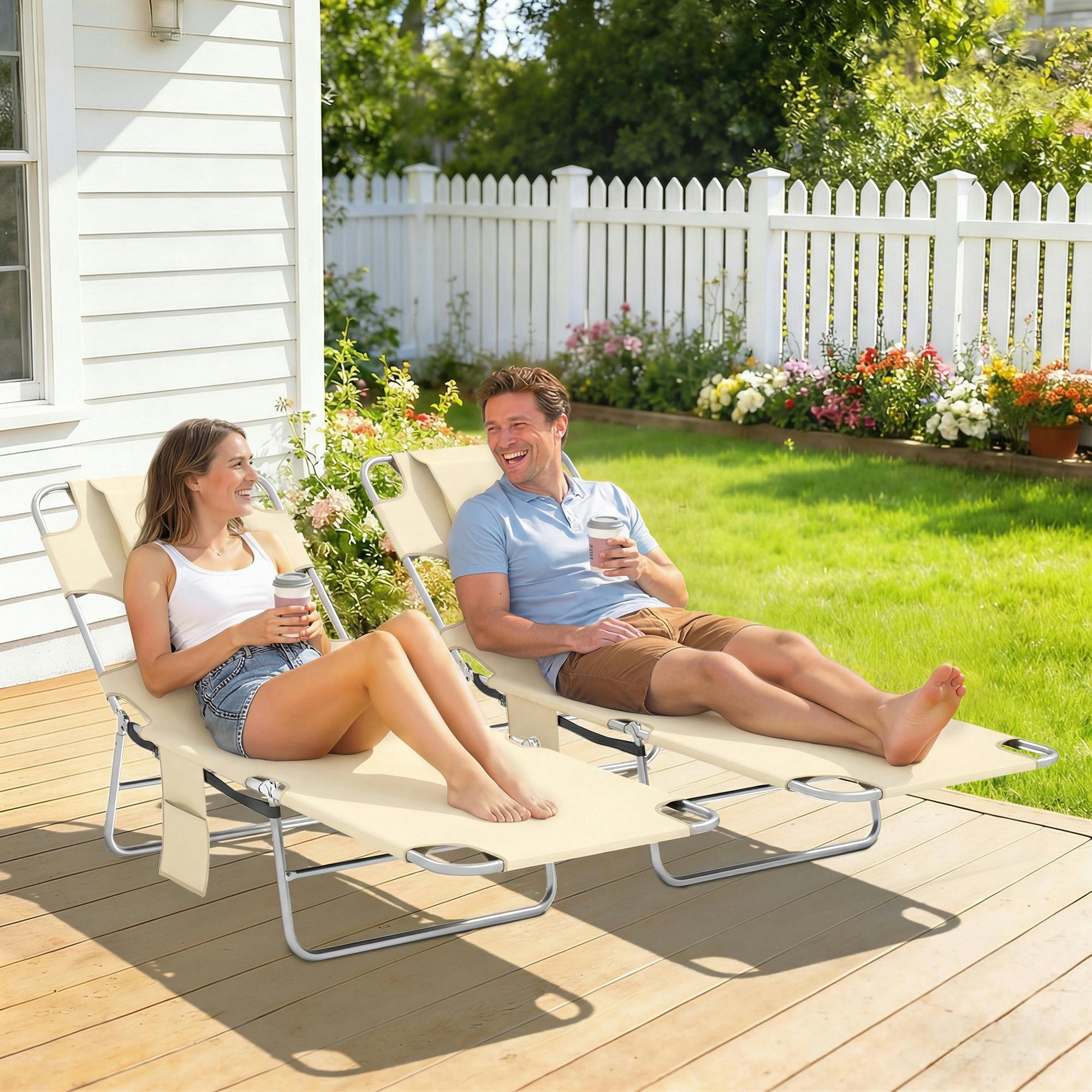 Rackhams Beige 5-Position Adjustable Sun Loungers Set Of 2 With Reading Hole And Side Pocket - 2
