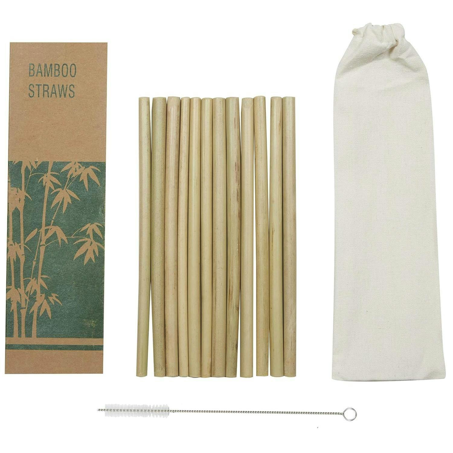 Rackhams Bamboo Drinking Straws Pack Of 12 With Cleaning Brush And Bag - Bamboo - 12 - Natural