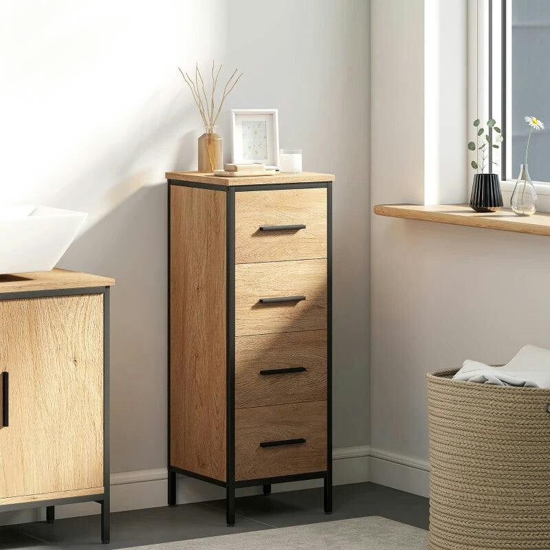 Homcom Unisex Light Oak Narrow Bathroom Storage Cabinet With 4 Drawers For Spaces, Oak In Small - Image 10