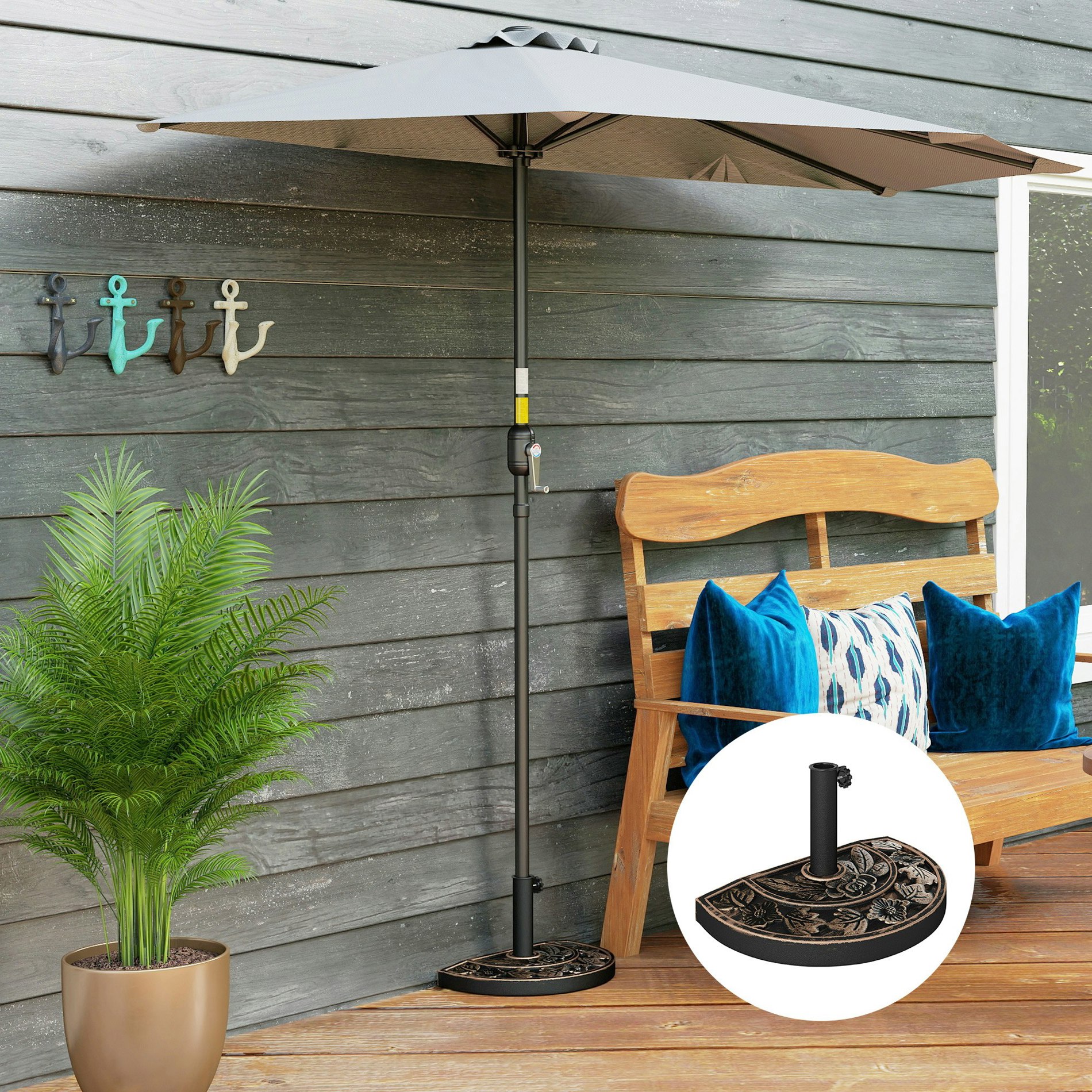Rackhams Bronze 9Kg Resin Parasol Base, Half Round Umbrella Stand With Floral Design For Garden, Outdoor, Suitable Umbrella Rod: Φ3.8cm, Φ4.8cm, Tone - Tone - Resin - 50L X 31W X 32H（Cm）