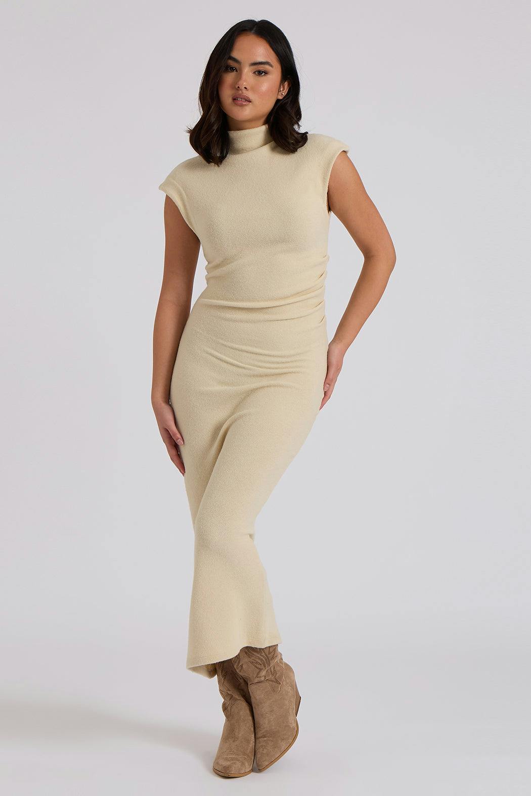 Urban Bliss Cream Brushed Jersey Maxi Ruched Dress - M