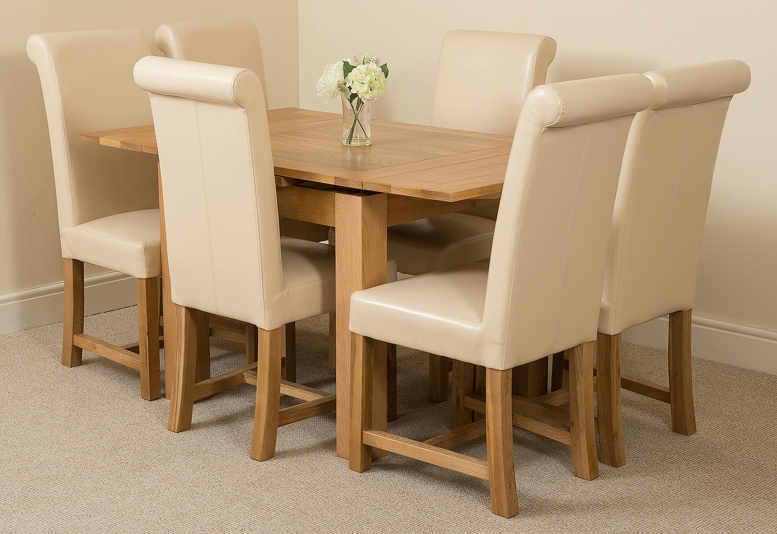 Rackhams Ivory Richmond Extending Oak Dining Set With Washington Leather Chairs - 6 Chairs Small