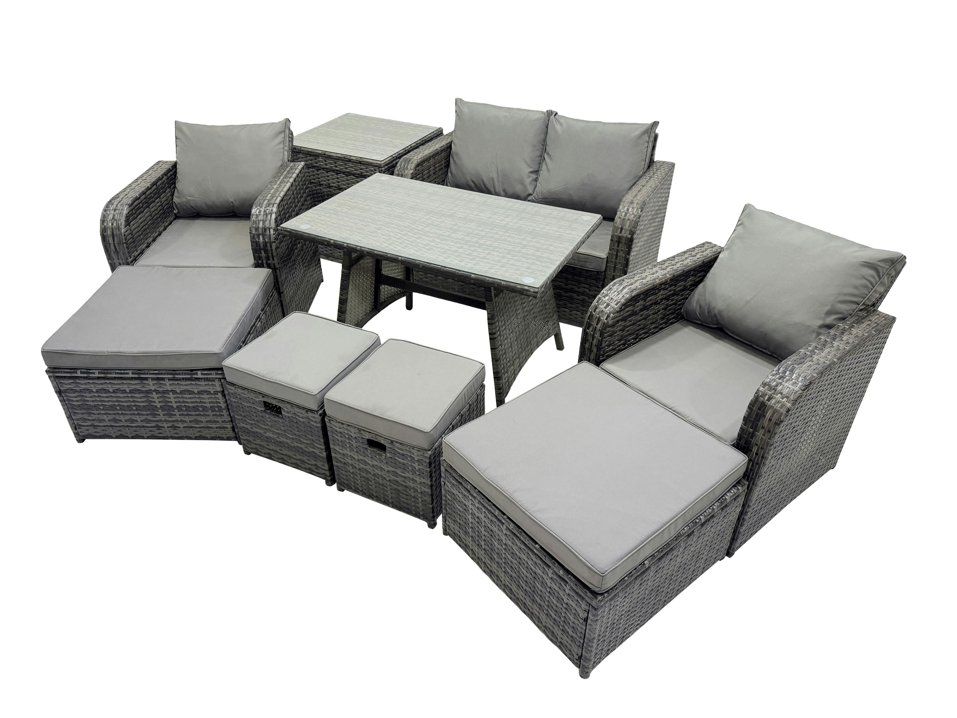 Rackhams Dark/Grey 8 Seater Garden Outdoor Rattan Furniture Set Rattan Sofa Oblong Dining Table With 2 Big Stools Side Table