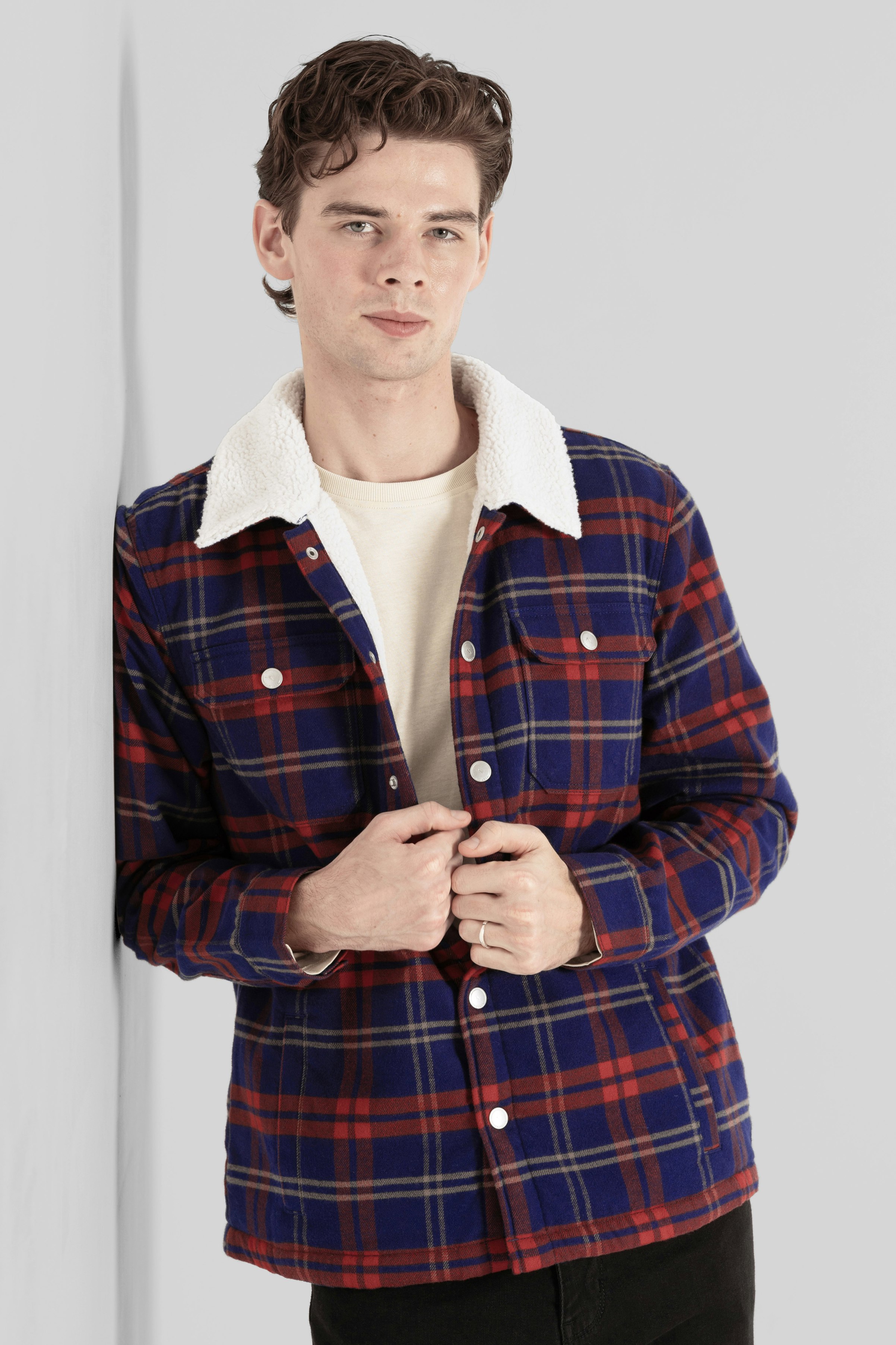 Enorsia Men's Blue Tartan Check Borg Lined Cotton Shacket - Xxl - Pageant - Body: 100% Cotton; Body & Sleeve Lining: 100% Polyester