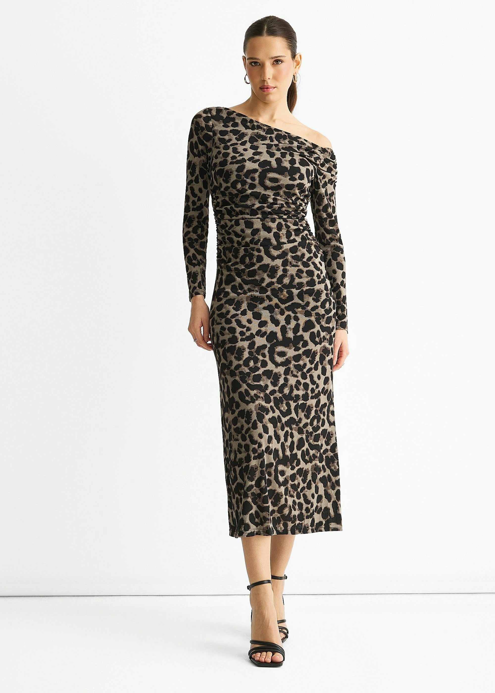 Gini London Grey Animal Jersey Animal One Shoulder Midi Dress - Uk 14 / Us 10 / Eu 42