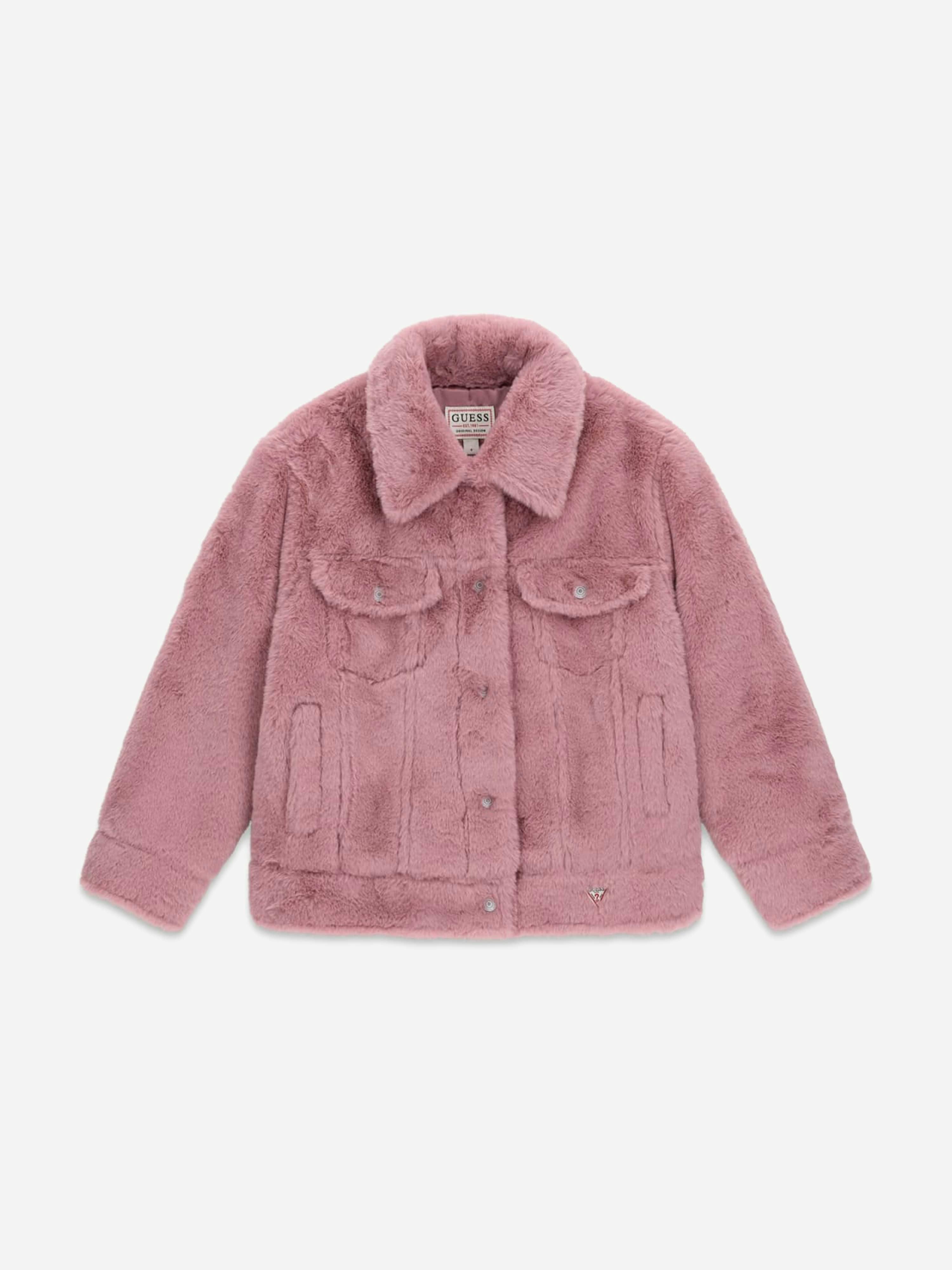 Guess Girls Pink Plush Faux Fur Jacket In - 10 Yrs