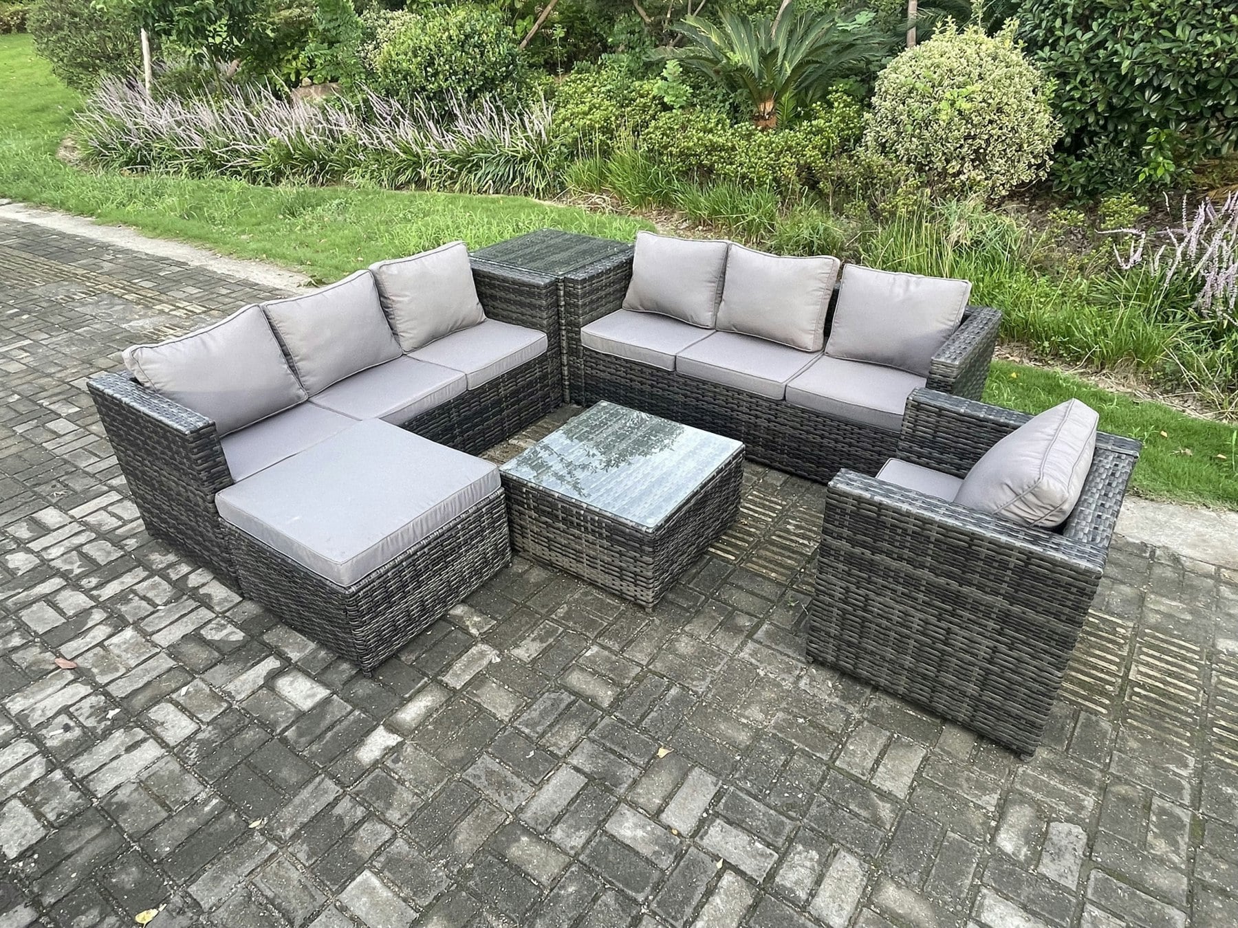 Fimous Dark/Grey 8 Seater Mixed Rattan Outdoor Sofa Set - Armchair, Square Coffee Table & Footstool