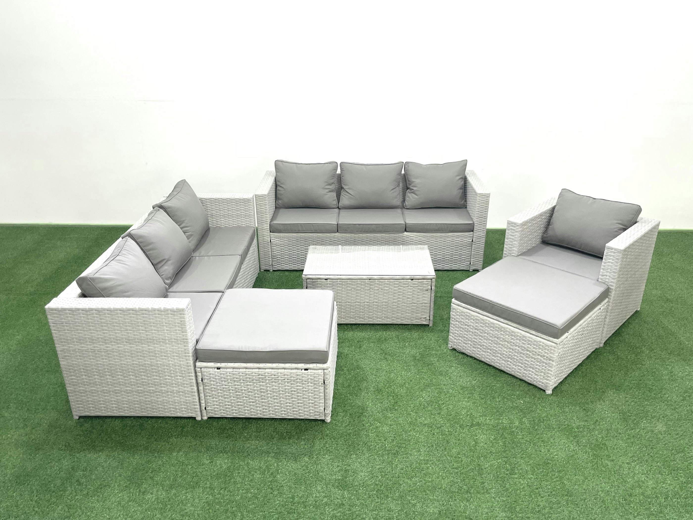 Rackhams Light/Grey Wicker Pe Rattan Sofa Garden Furniture Set With Armchair Oblong Coffee Table 2 Big Footstools Mixed
