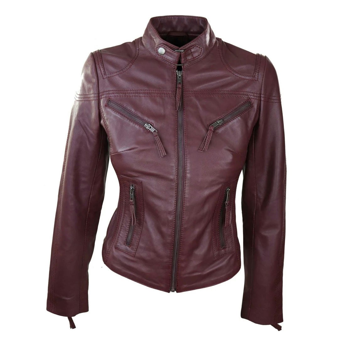Infinity Leather Women's Brown/Burgundy Leather Company Leather Fitted Biker Jacket - Uk 18