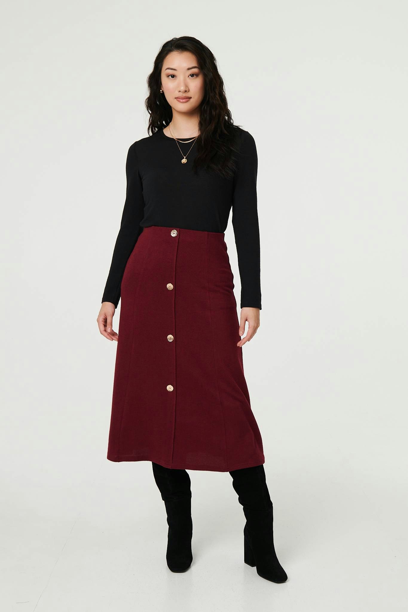 Izabel London Red Buttoned High Waist A-Line Midi Skirt - 18