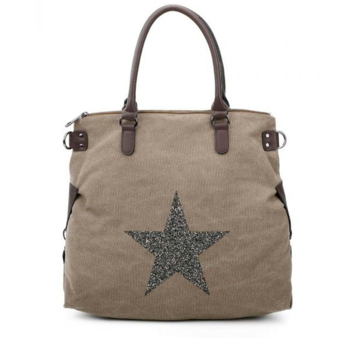 Love Emvy Grey/Black Staremvy Xl Canvas Glitter Star Tote / Shoulder Bag - Khaki