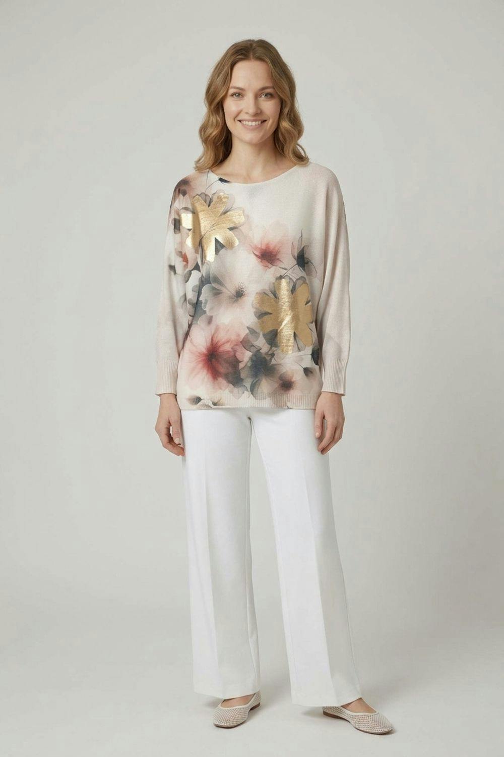 Izabel London Grey Floral Metallic Batwing Sleeve Jumper - L