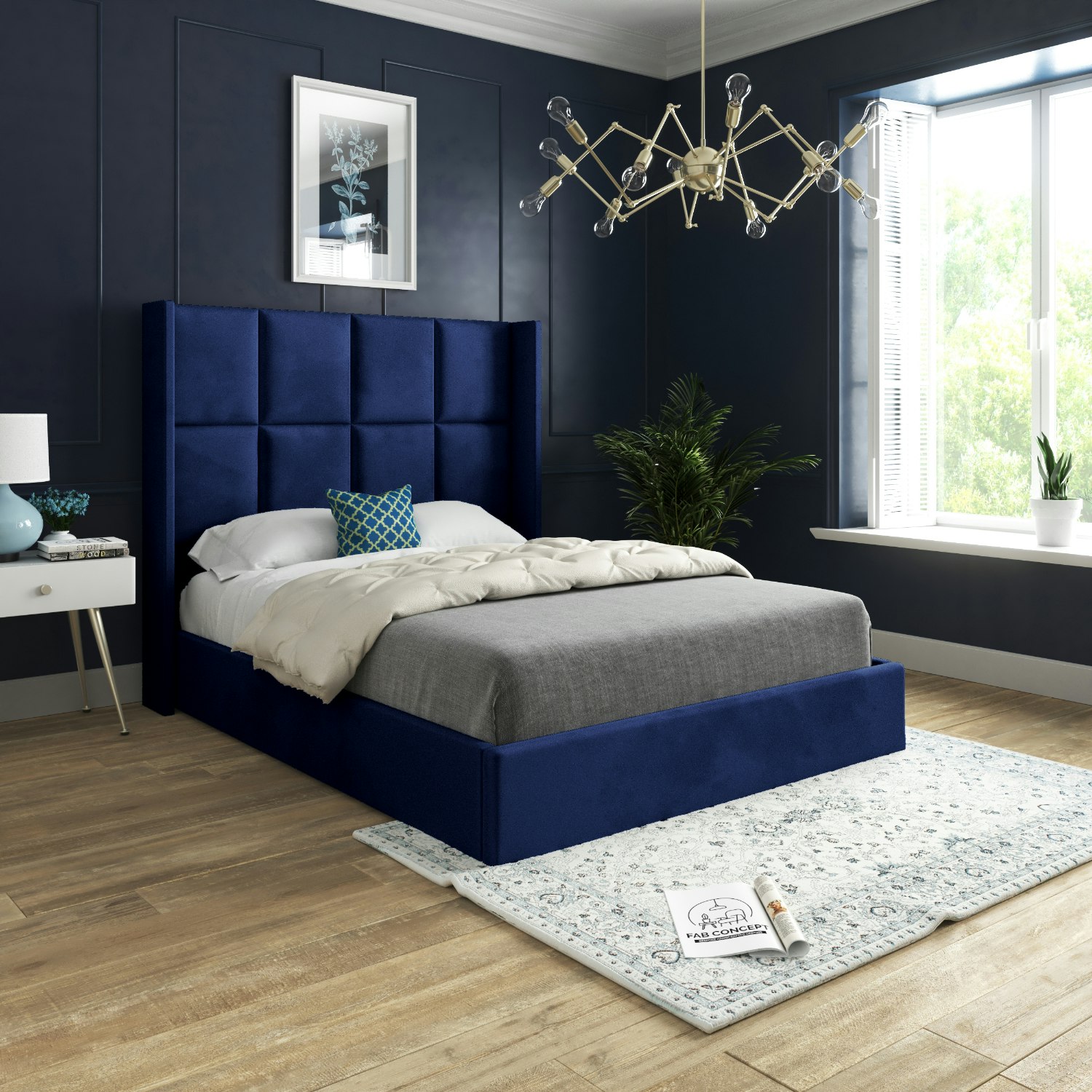 Rackhams Grey/Blue Parma Wide Curved Winged Upholstered Soft Velvet Bed Frame - Single