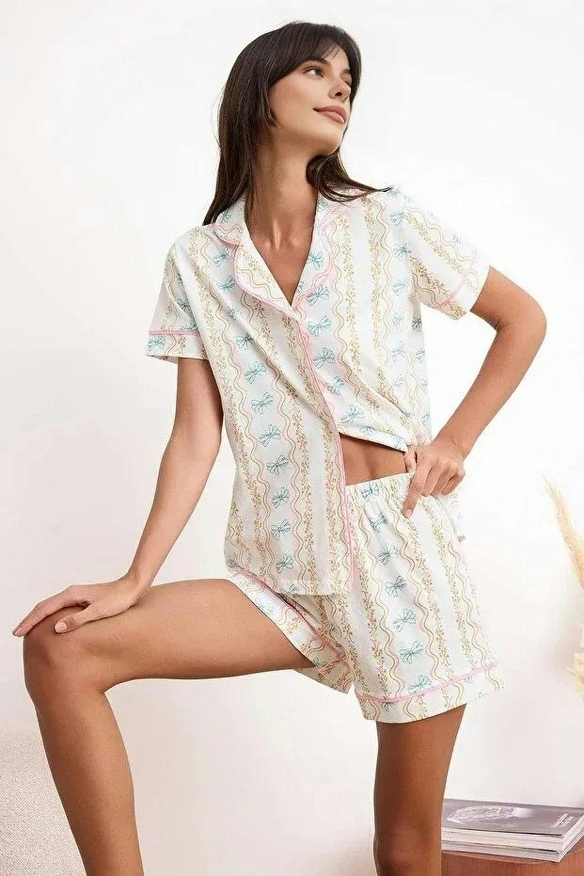 Wovcor 2-Piece 100% Cotton Knitted Pajama Set With Floral And Ribbon Pattern - Multi - Xs