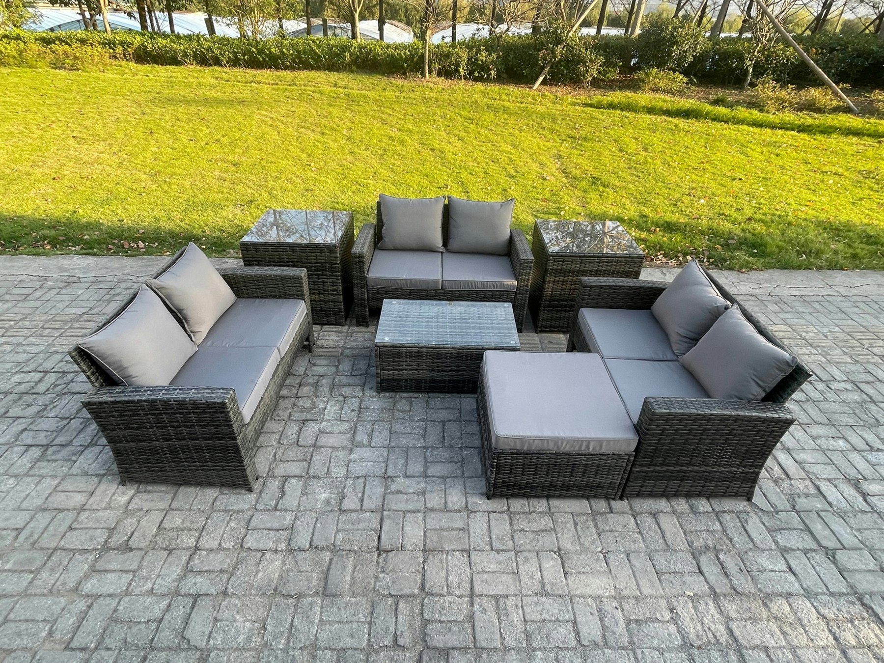 Fimous Dark/Grey 7Pc Rattan Sofa Garden Furniture Outdoor Patio Set With 2 Side Tables Big Footstool Double Seat Sofa Mixed