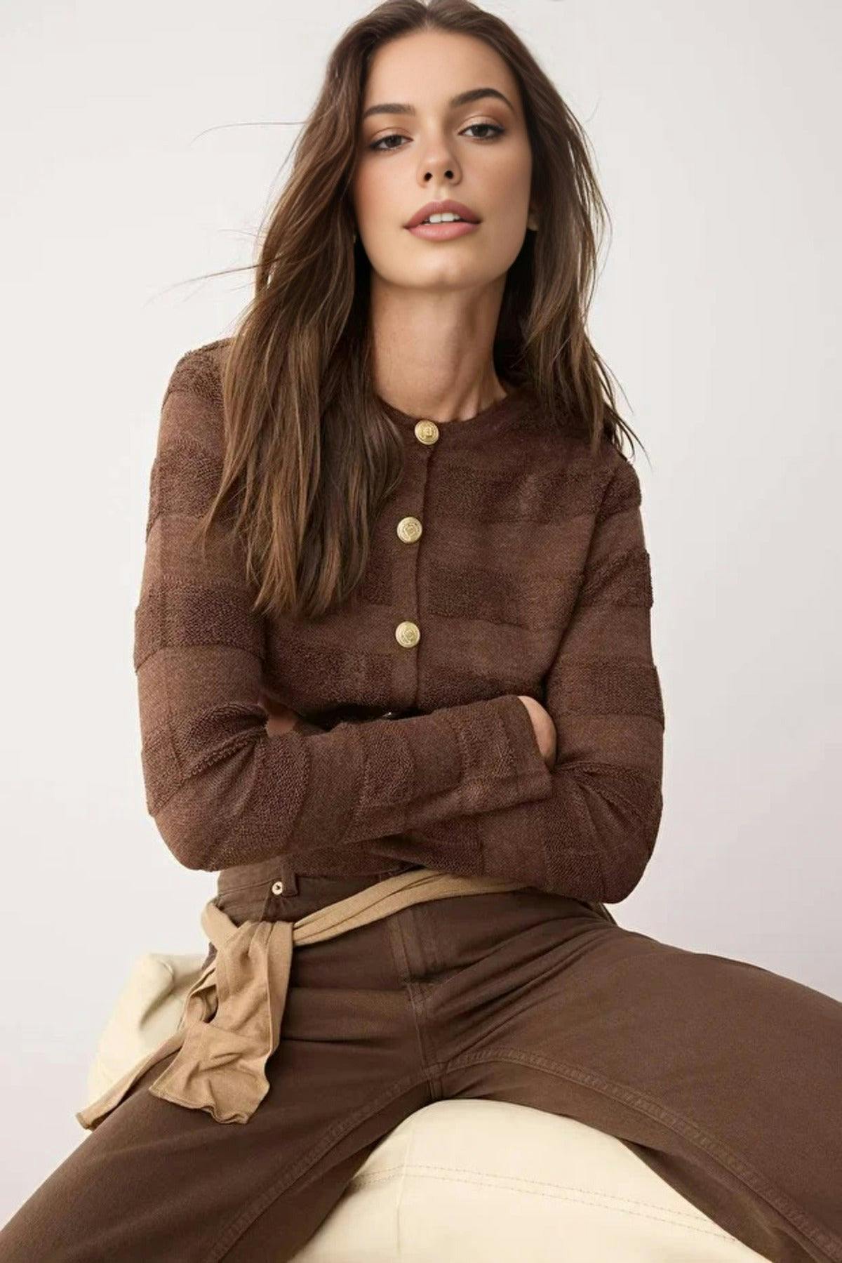 Wovcor Brown Crew Neck Knit Cardigan - M
