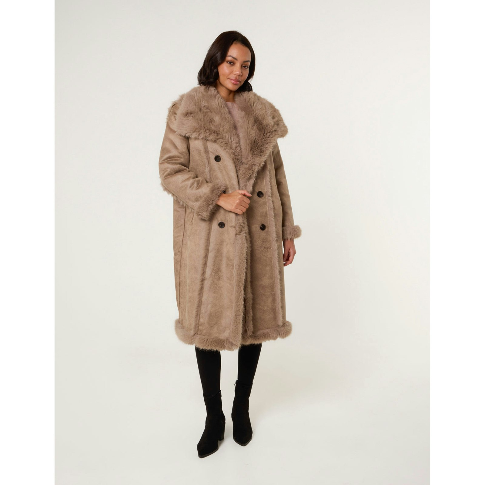 Blue Vanilla Reversible Midi Faux Fur Coat - S - Camel