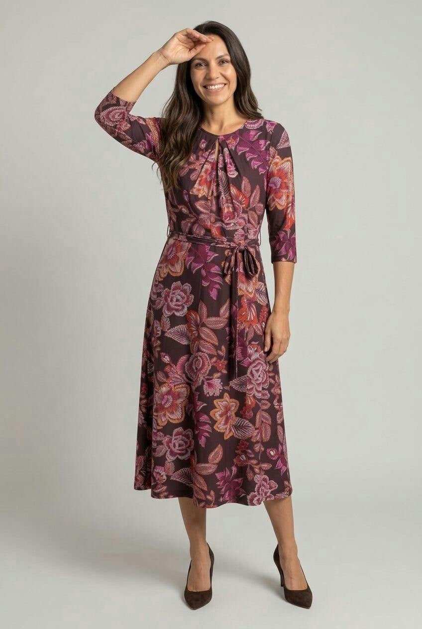 Izabel London Brown Abstract Tie Waist Floral Midi Dress - 10