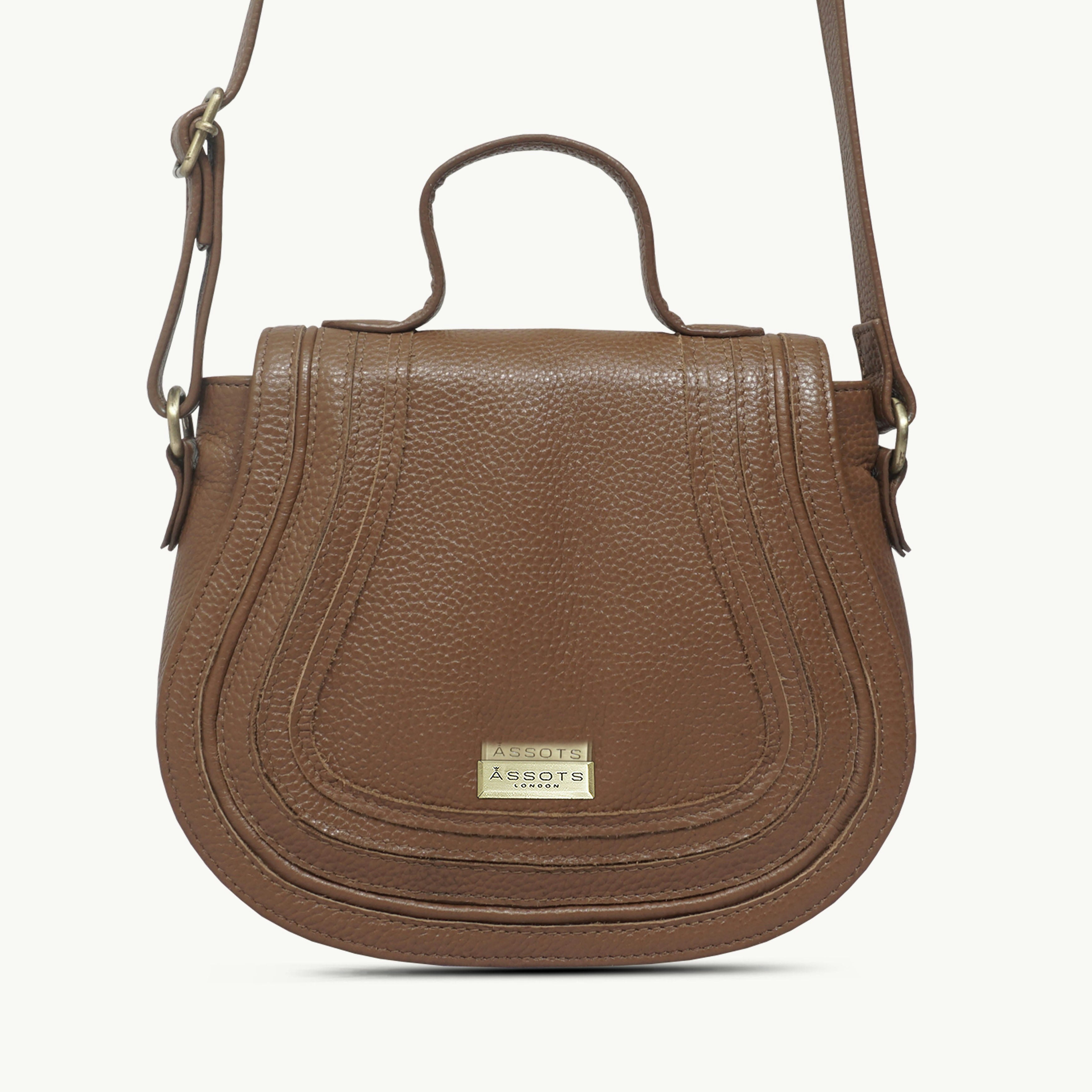 Assots London Grain 'Carmel' Tan Real Leather Shoulder Crossbody Bag 24Cm