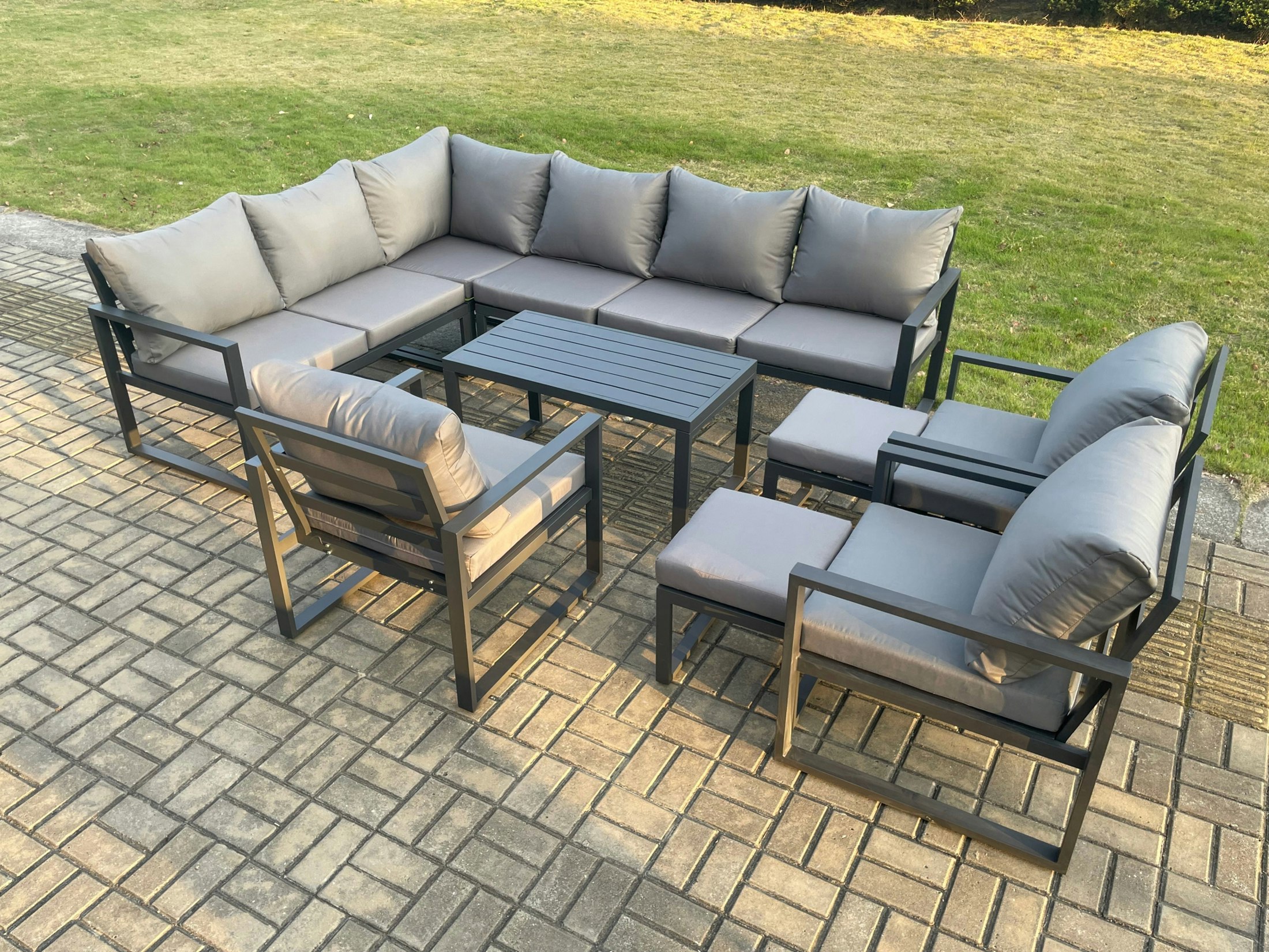 Rackhams Dark/Grey Aluminium Garden Furniture Set Outdoor Indoor Lounge Corner Sofa 3 Pcs Chair Oblong Coffee Table Sets With 2 Small Footstools