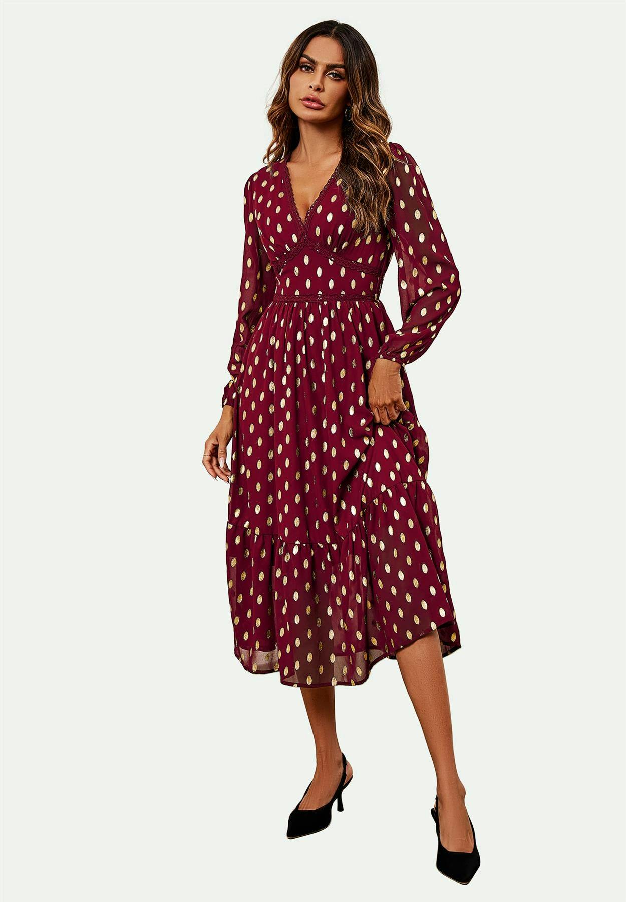 Fs Collection Red Lace Trim Foil Long Sleeve Maxi Dress In Wine - Xs