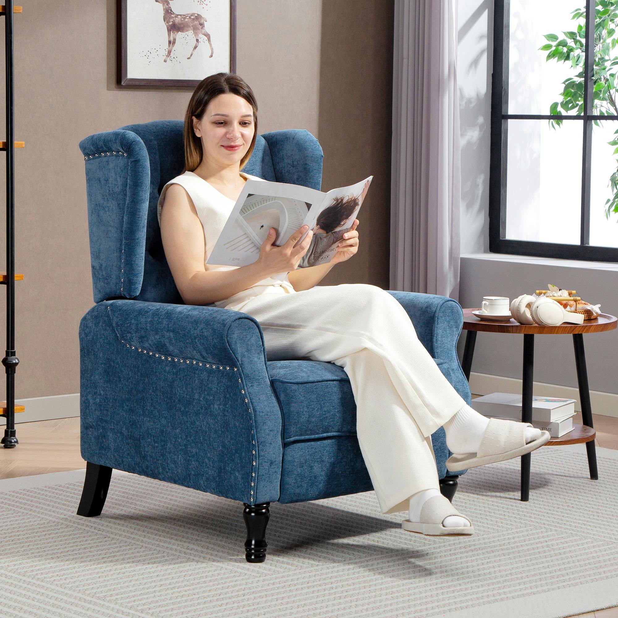 Rackhams Blue Manual Reclining Armchair Recliner With Footrest Royal - 4 Solid Wood Legs - Royal - Linen Look Polyester