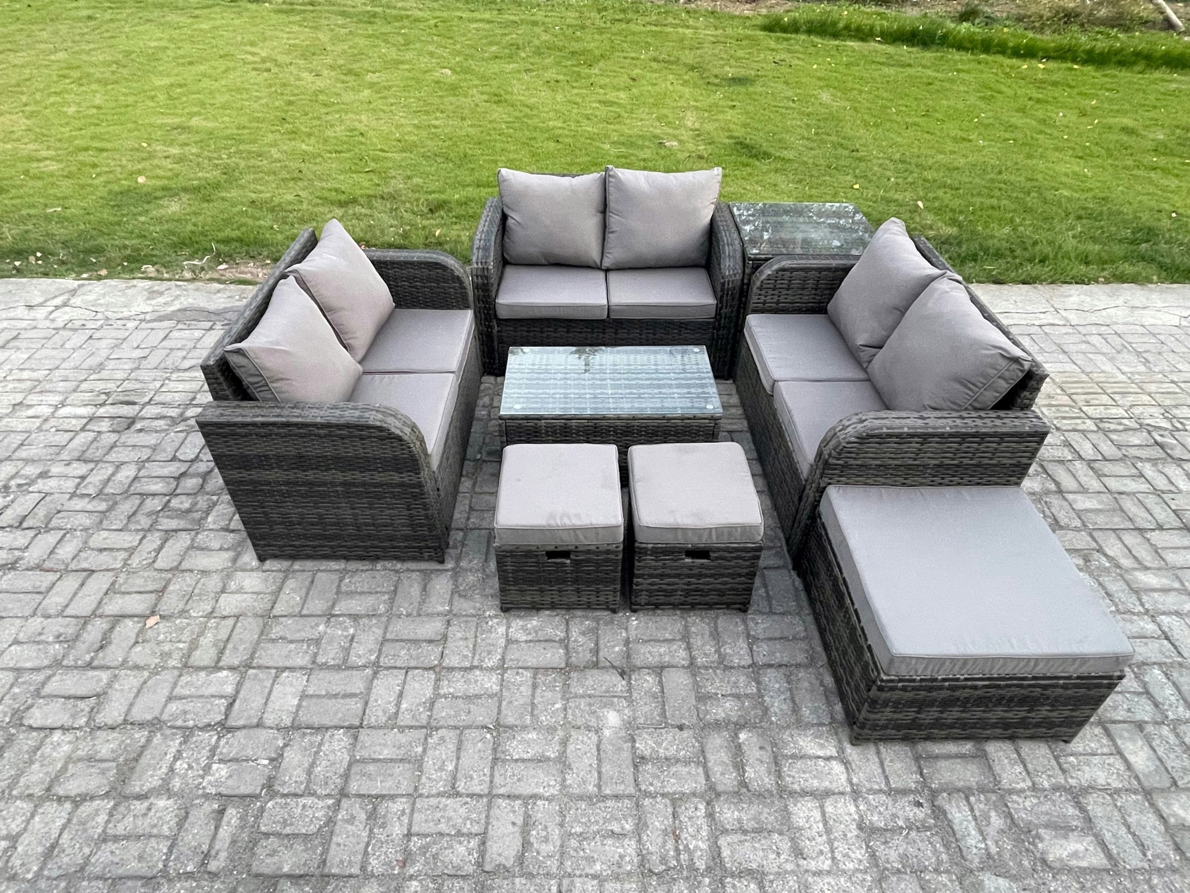 Fimous Dark/Grey 9-Seater Outdoor Rattan Garden Furniture Set - Mixed Sofa With Rectangular Coffee Table & 3 Footstools